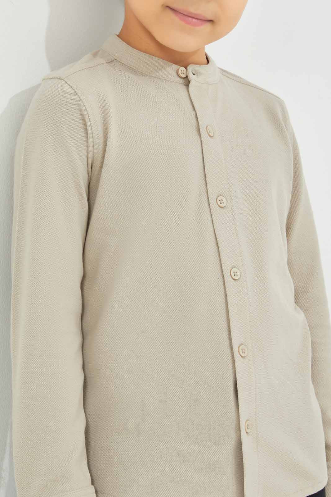 Redtag-Boys-Stone-Long-Sleeve-Pique-Shirt-BOY-Shirts,-Category:Shirts,-Colour:Beige,-Deals:New-In,-Dept:Boys,-Filter:Boys-(2-to-8-Yrs),-New-In-BOY-APL,-Non-Sale,-S23A,-Section:Boys-(0-to-14Yrs),-TBL-Boys-2 to 8 Years