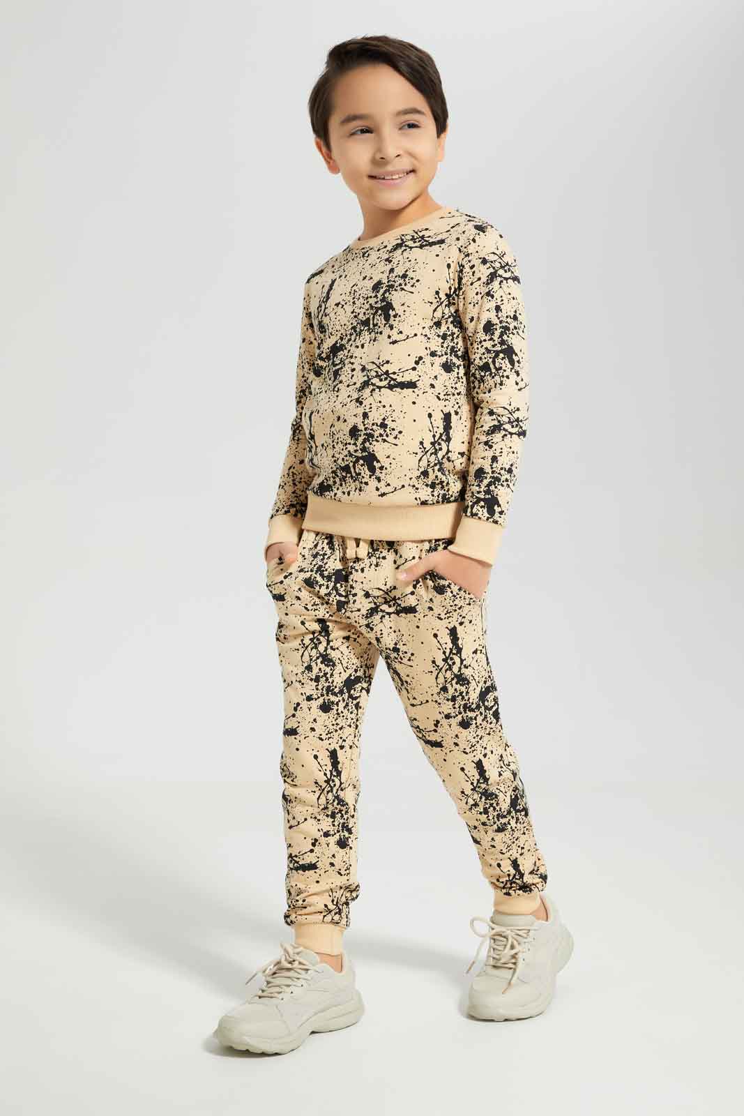 Redtag-Boys-Beige-Splat-Print-Crew-Neck-Jogsuit-BOY-Jog-Sets,-Category:Jog-Sets,-Colour:Beige,-Deals:New-In,-Dept:Boys,-Filter:Boys-(2-to-8-Yrs),-New-In-BOY-APL,-Non-Sale,-S23A,-Section:Boys-(0-to-14Yrs)-Boys-2 to 8 Years