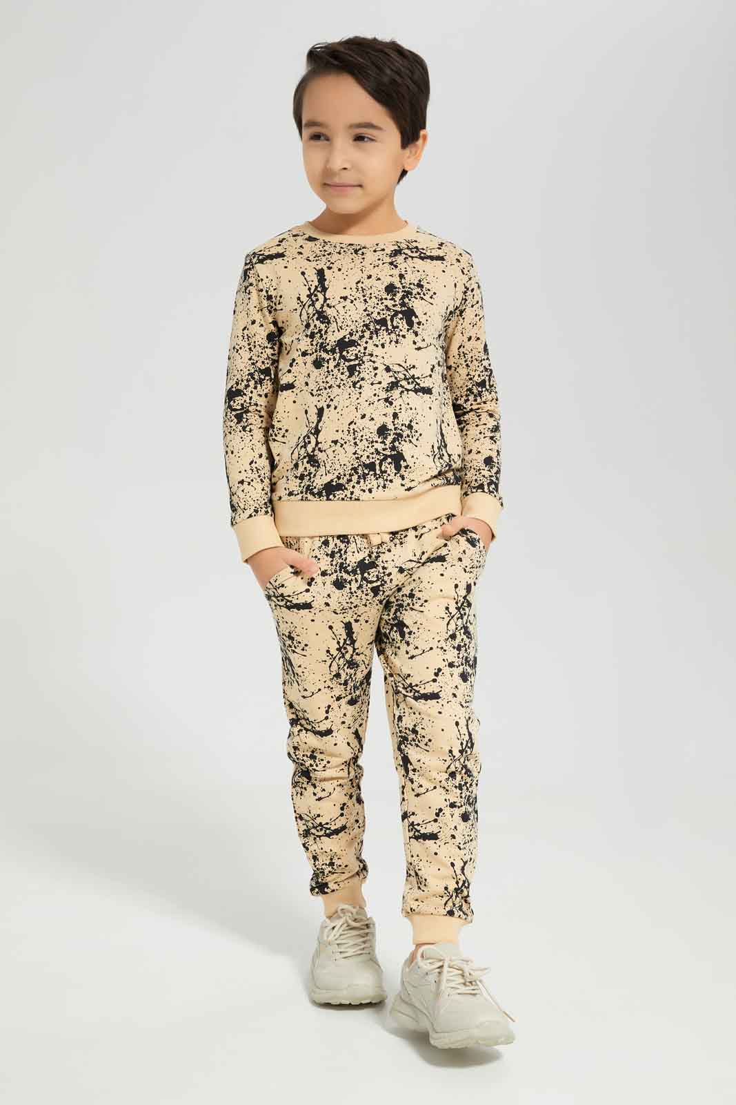 Redtag-Boys-Beige-Splat-Print-Crew-Neck-Jogsuit-BOY-Jog-Sets,-Category:Jog-Sets,-Colour:Beige,-Deals:New-In,-Dept:Boys,-Filter:Boys-(2-to-8-Yrs),-New-In-BOY-APL,-Non-Sale,-S23A,-Section:Boys-(0-to-14Yrs)-Boys-2 to 8 Years