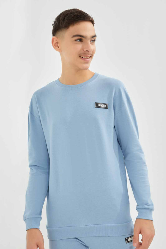 Redtag-Boys-Light-Blue-Short-Sleeve-Lounge-Wear-Crewneck-Sweatshirt-BSR-Sweatshirts,-Category:Sweatshirts,-Colour:Blue,-Deals:New-In,-Dept:Boys,-Filter:Senior-Boys-(8-to-14-Yrs),-New-In-BSR-APL,-Non-Sale,-S23A,-Section:Boys-(0-to-14Yrs)-Senior-Boys-9 to 14 Years