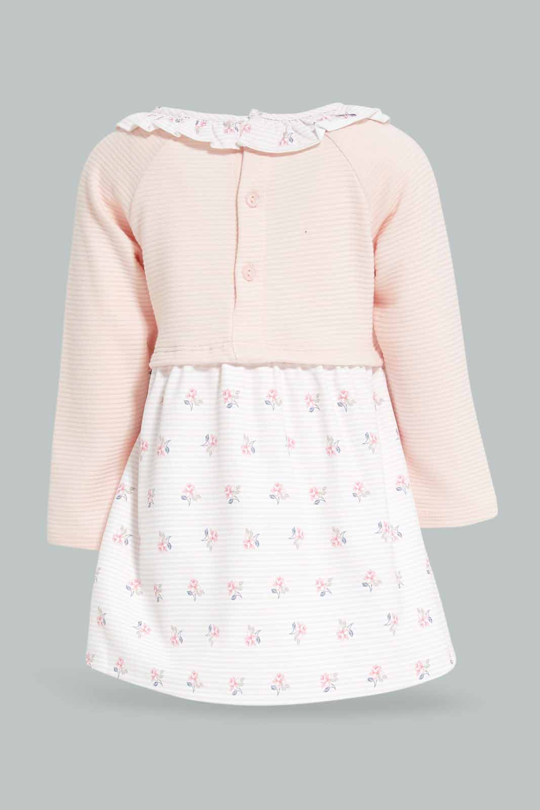 Redtag-Girls-Pink-Knit-With-Floral-Botom-Dress-Category:Dresses,-Colour:Apricot,-Deals:New-In,-Dept:Girls,-Filter:Infant-Girls-(3-to-24-Mths),-ING-Dresses,-New-In-ING-APL,-Non-Sale,-Section:Girls-(0-to-14Yrs),-W22B-Infant-Girls-3 to 24 Months