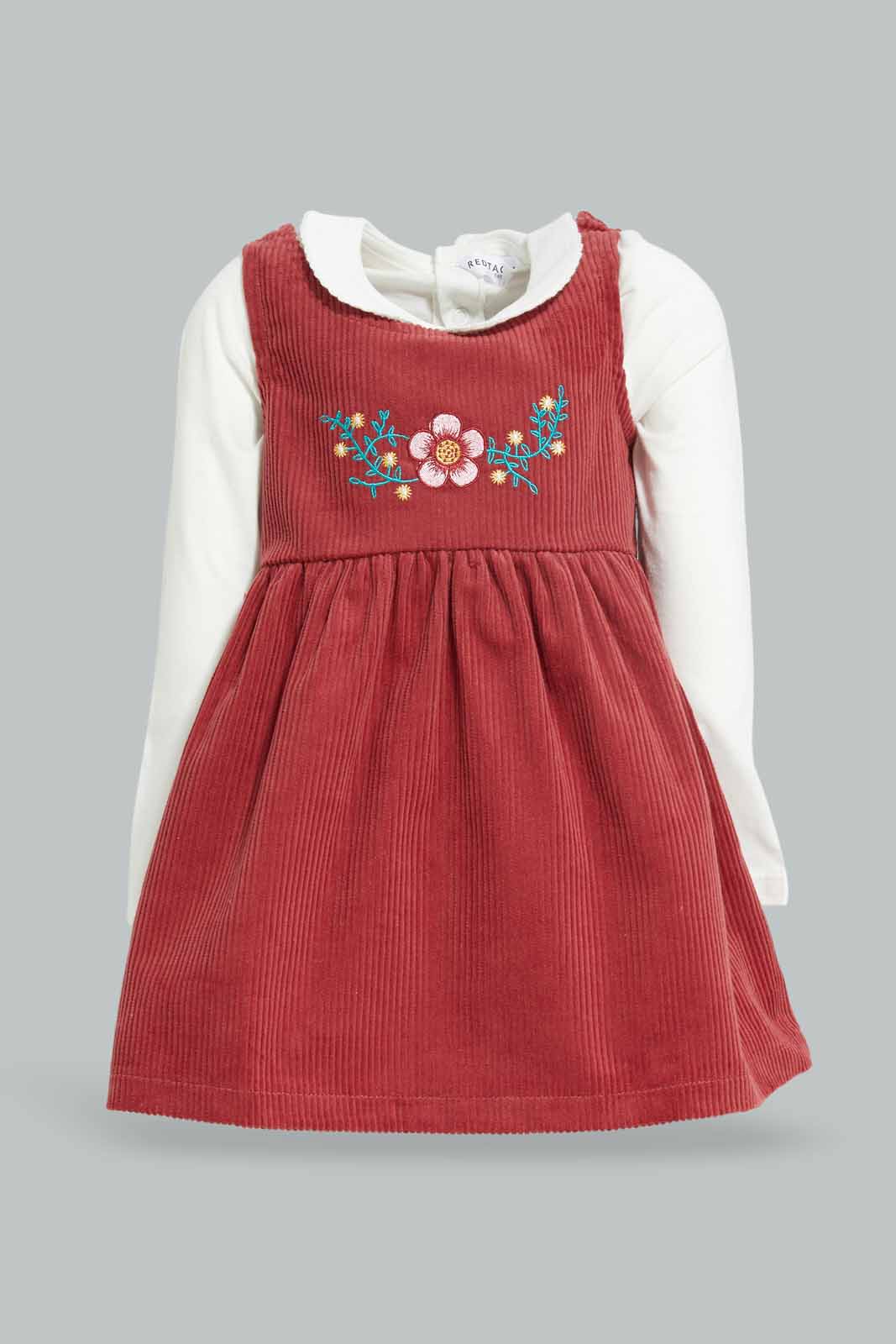 Redtag-Girls-Pink-Corduroy-Dress-With-Peterpan-Ivory-Solid-T-Shirt-Category:Dresses,-Colour:Ivory,-Deals:New-In,-Dept:Girls,-Filter:Infant-Girls-(3-to-24-Mths),-ING-Dresses,-New-In-ING-APL,-Non-Sale,-Section:Girls-(0-to-14Yrs),-W22B-Infant-Girls-3 to 24 Months