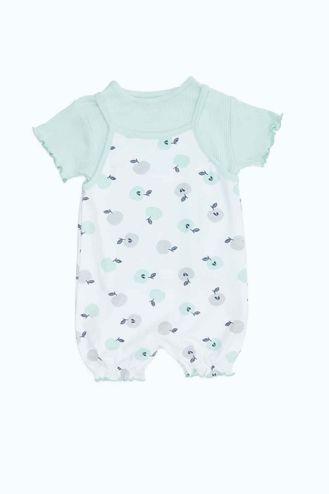 Redtag-Boys-White/Sage-Aop-Tshirt-Dungaree-Category:Rompers,-Colour:Assorted,-Deals:New-In,-Dept:New-Born,-Filter:Baby-(0-to-12-Mths),-NBB-Rompers,-New-In-NBB-APL,-Non-Sale,-S23B,-Section:Boys-(0-to-14Yrs)-Baby-0 to 12 Months