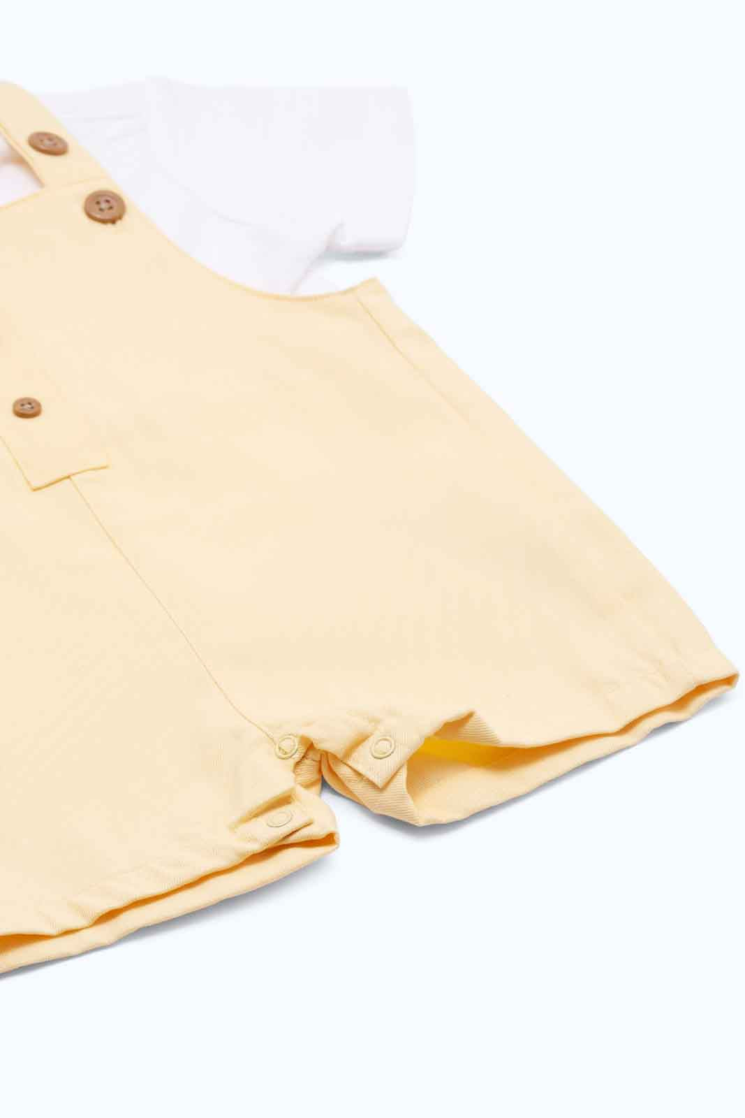 Redtag-Boys-White/Yellow-Aop-Tshirt-Dungaree-Category:Rompers,-Colour:Assorted,-Deals:New-In,-Dept:New-Born,-Filter:Baby-(0-to-12-Mths),-NBB-Rompers,-New-In-NBB-APL,-Non-Sale,-S23B,-Section:Boys-(0-to-14Yrs)-Baby-0 to 12 Months