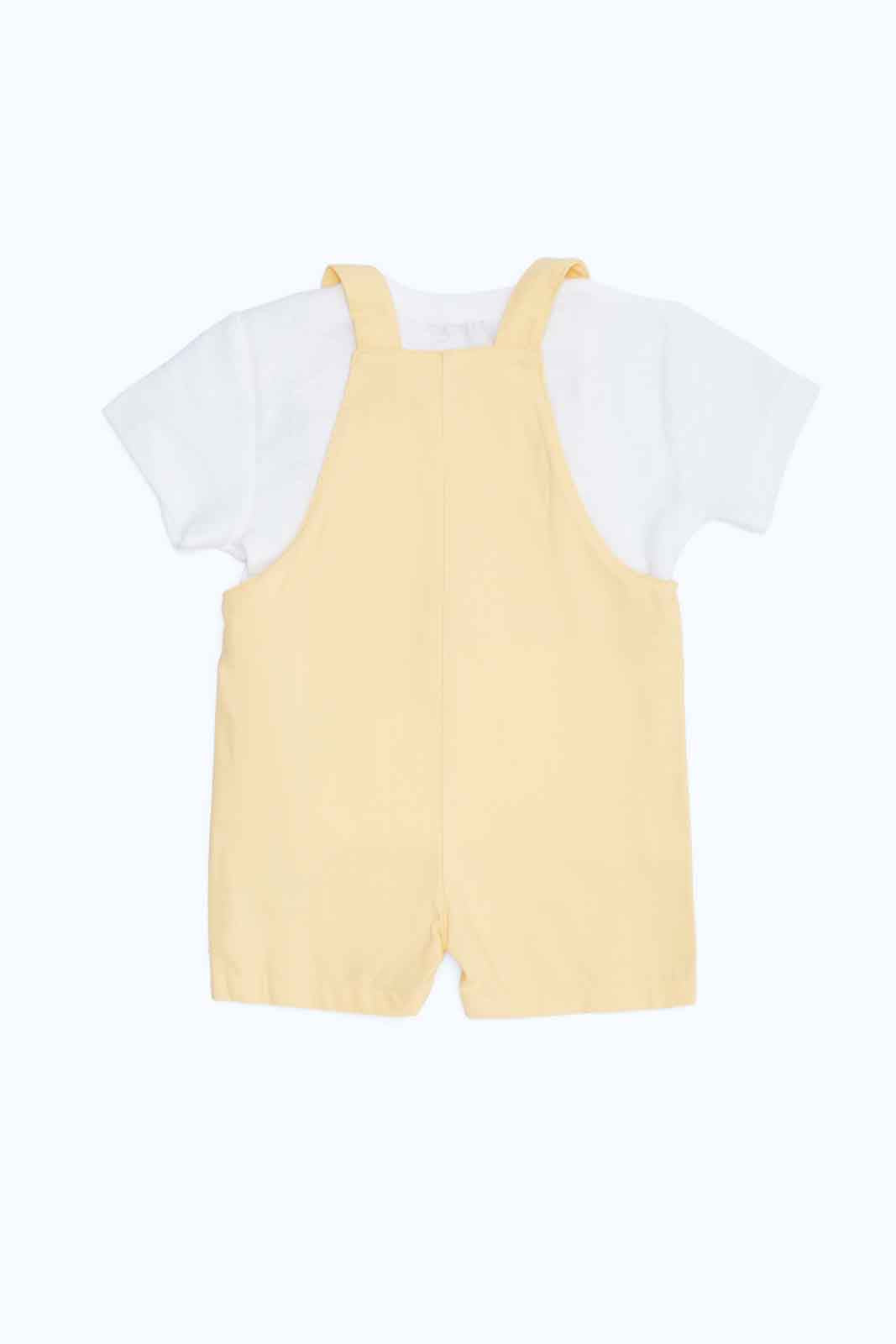Redtag-Boys-White/Yellow-Aop-Tshirt-Dungaree-Category:Rompers,-Colour:Assorted,-Deals:New-In,-Dept:New-Born,-Filter:Baby-(0-to-12-Mths),-NBB-Rompers,-New-In-NBB-APL,-Non-Sale,-S23B,-Section:Boys-(0-to-14Yrs)-Baby-0 to 12 Months