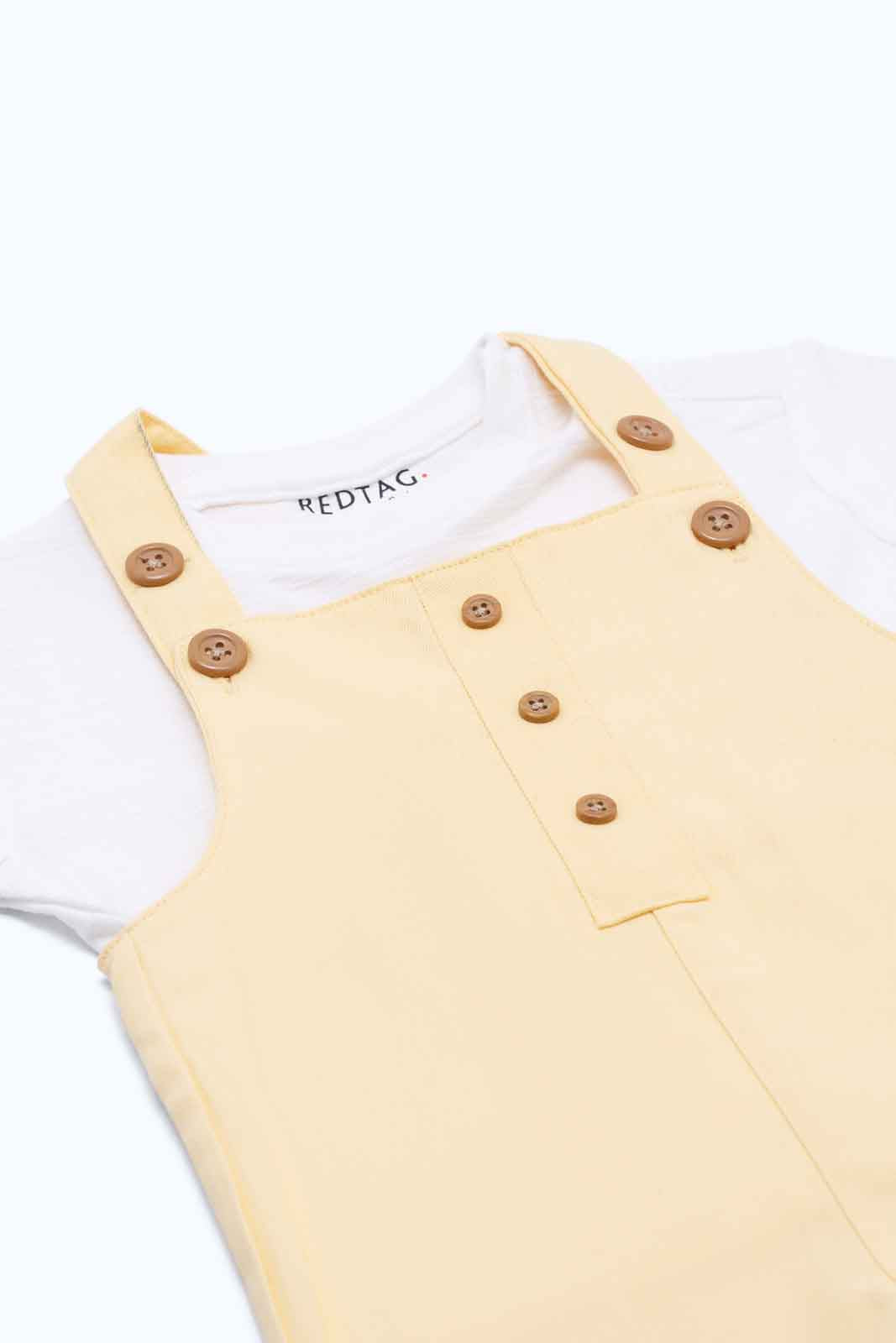 Redtag-Boys-White/Yellow-Aop-Tshirt-Dungaree-Category:Rompers,-Colour:Assorted,-Deals:New-In,-Dept:New-Born,-Filter:Baby-(0-to-12-Mths),-NBB-Rompers,-New-In-NBB-APL,-Non-Sale,-S23B,-Section:Boys-(0-to-14Yrs)-Baby-0 to 12 Months