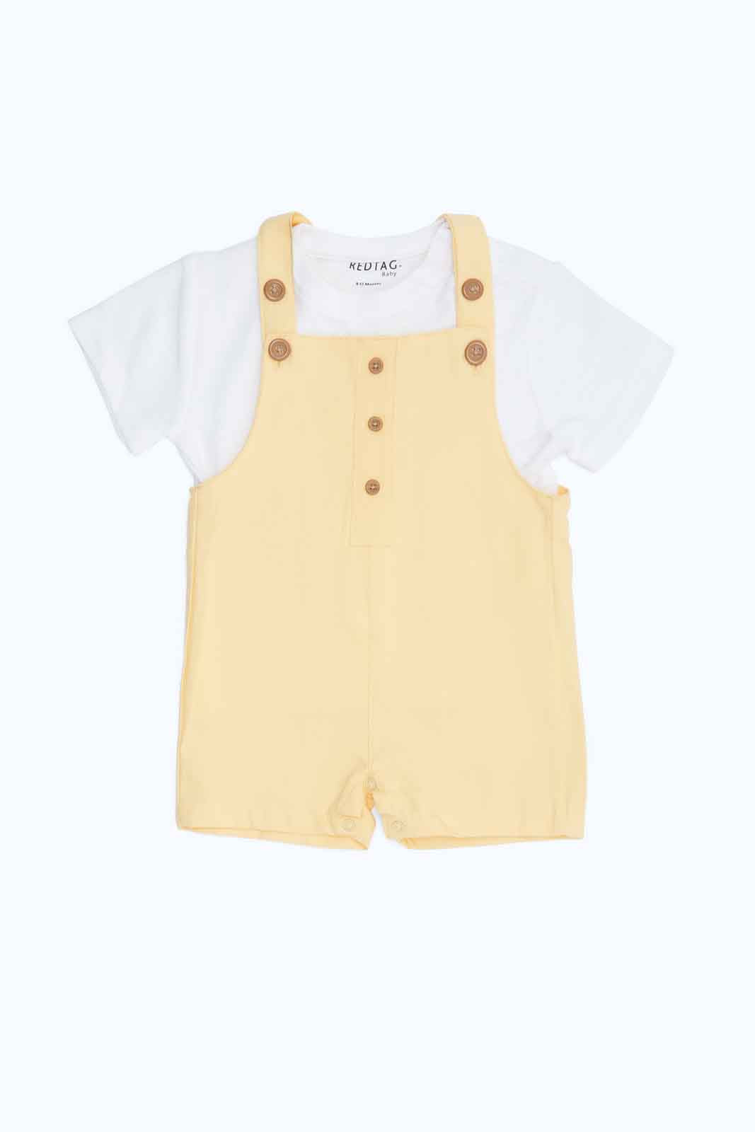 Redtag-Boys-White/Yellow-Aop-Tshirt-Dungaree-Category:Rompers,-Colour:Assorted,-Deals:New-In,-Dept:New-Born,-Filter:Baby-(0-to-12-Mths),-NBB-Rompers,-New-In-NBB-APL,-Non-Sale,-S23B,-Section:Boys-(0-to-14Yrs)-Baby-0 to 12 Months