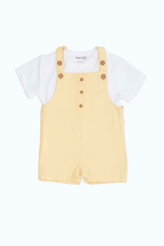 Redtag-Boys-White/Yellow-Aop-Tshirt-Dungaree-Category:Rompers,-Colour:Assorted,-Deals:New-In,-Dept:New-Born,-Filter:Baby-(0-to-12-Mths),-NBB-Rompers,-New-In-NBB-APL,-Non-Sale,-S23B,-Section:Boys-(0-to-14Yrs)-Baby-0 to 12 Months