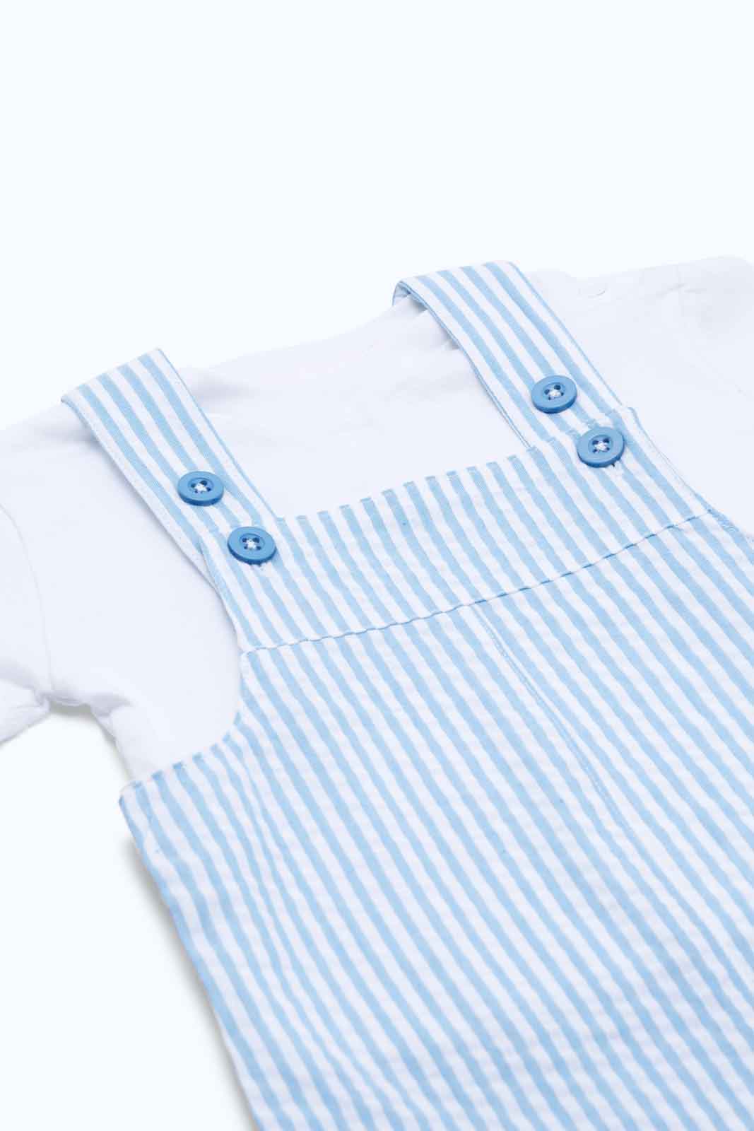 Redtag-Boys-White/Blue-Aop-Seersucker-Dungaree-With-Jacquard-T-Shirt-Category:Rompers,-Colour:Assorted,-Deals:New-In,-Dept:New-Born,-Filter:Baby-(0-to-12-Mths),-NBB-Rompers,-New-In-NBB-APL,-Non-Sale,-S23B,-Section:Boys-(0-to-14Yrs)-Baby-0 to 12 Months