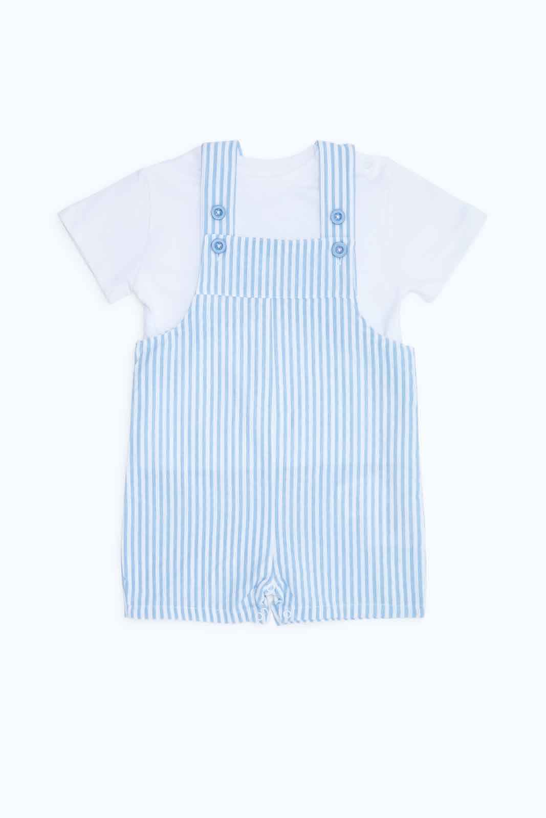 Redtag-Boys-White/Blue-Aop-Seersucker-Dungaree-With-Jacquard-T-Shirt-Category:Rompers,-Colour:Assorted,-Deals:New-In,-Dept:New-Born,-Filter:Baby-(0-to-12-Mths),-NBB-Rompers,-New-In-NBB-APL,-Non-Sale,-S23B,-Section:Boys-(0-to-14Yrs)-Baby-0 to 12 Months