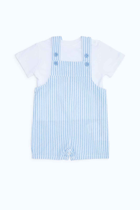 Redtag-Boys-White/Blue-Aop-Seersucker-Dungaree-With-Jacquard-T-Shirt-Category:Rompers,-Colour:Assorted,-Deals:New-In,-Dept:New-Born,-Filter:Baby-(0-to-12-Mths),-NBB-Rompers,-New-In-NBB-APL,-Non-Sale,-S23B,-Section:Boys-(0-to-14Yrs)-Baby-0 to 12 Months