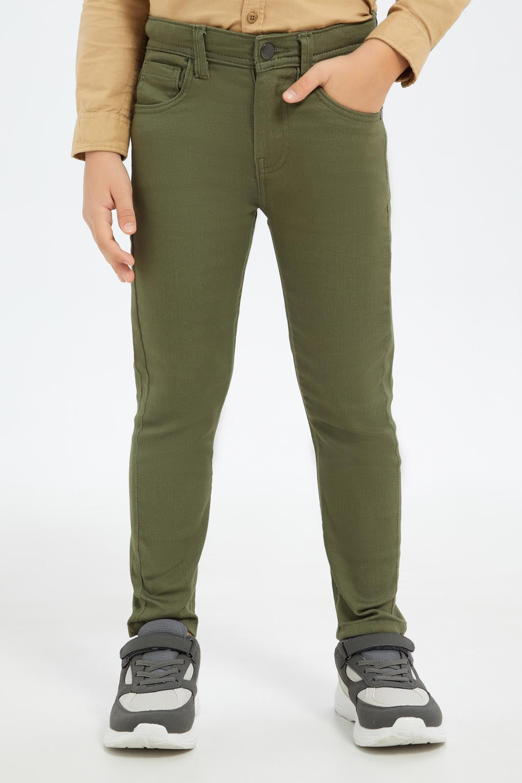 Redtag-Boys-Olive-5-Pocket-Colored-Jeans-BOY-Jeans,-Category:Jeans,-Colour:Olive,-Deals:New-In,-Dept:Boys,-Filter:Boys-(2-to-8-Yrs),-New-In-BOY-APL,-Non-Sale,-S23B,-Section:Boys-(0-to-14Yrs)-Boys-2 to 8 Years