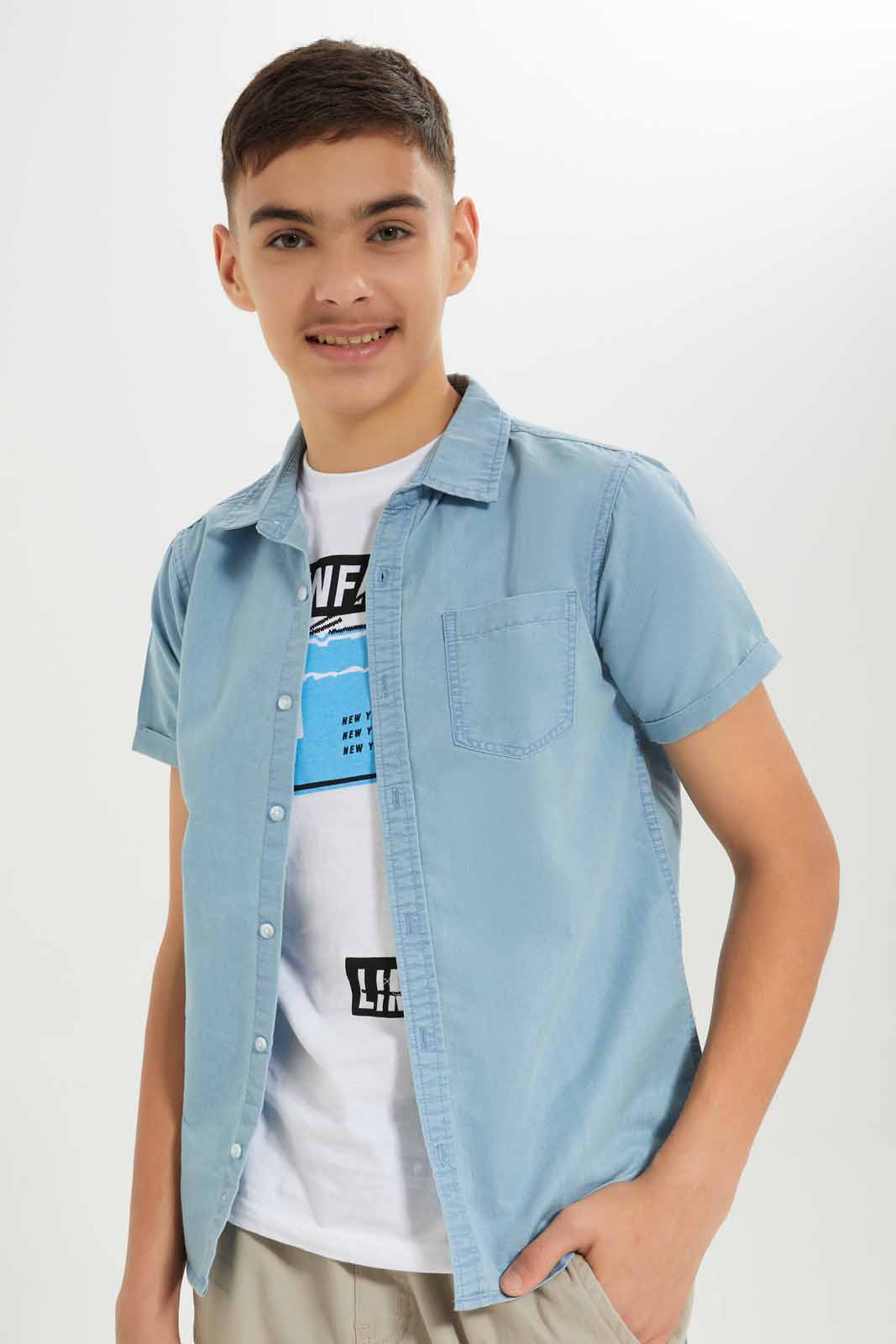 Redtag-Boys-Light-Wash-Denim-Shirt-With-Tee-BSR-Shirts,-Category:Shirts,-Colour:Light-Wash,-Deals:New-In,-Dept:Boys,-Filter:Senior-Boys-(8-to-14-Yrs),-New-In-BSR-APL,-Non-Sale,-S23A,-Section:Boys-(0-to-14Yrs)-Senior-Boys-9 to 14 Years