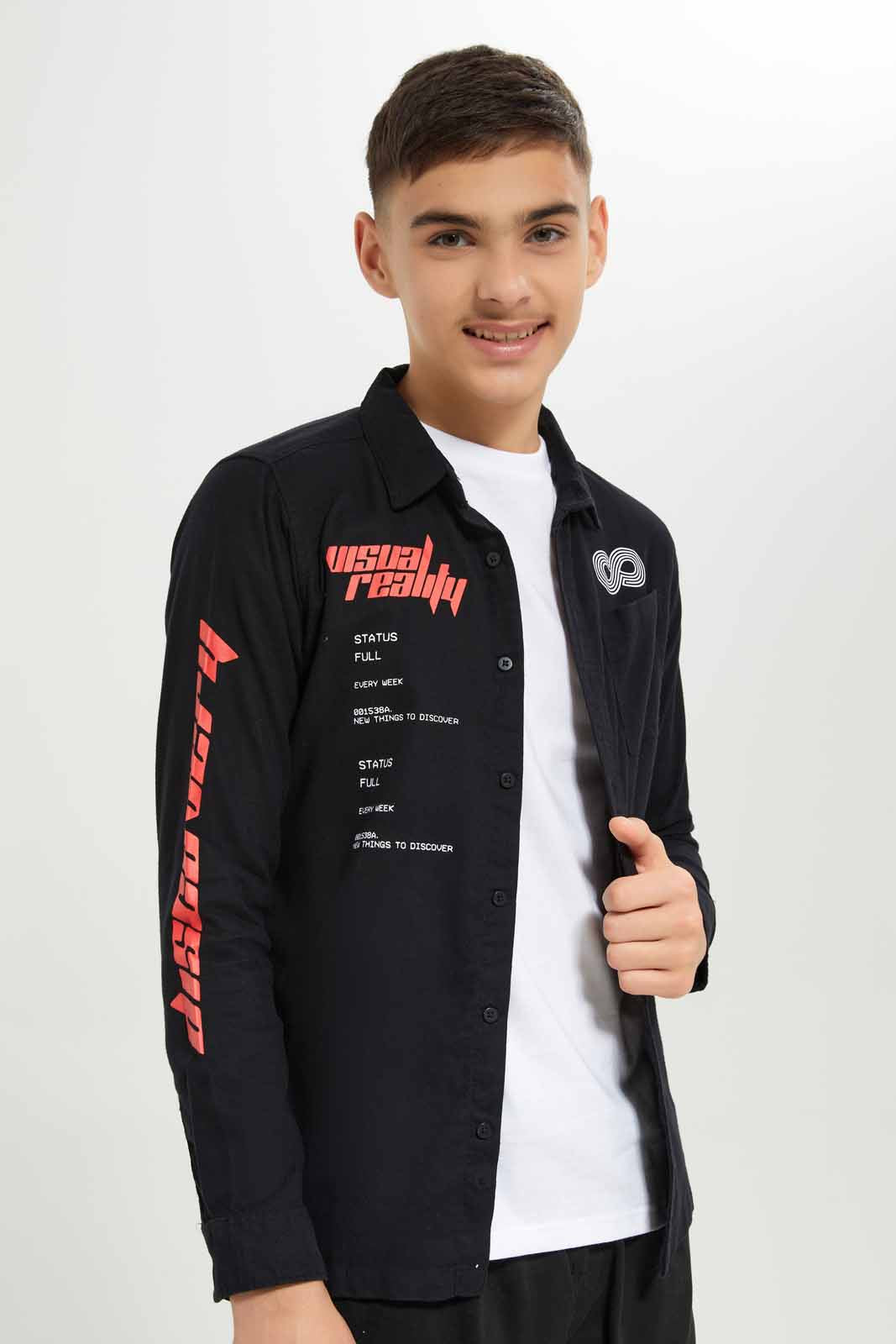 Redtag-Boys-Black-Shirt-With-Tee-BSR-Shirts,-BTS,-Category:Shirts,-Colour:Black,-Deals:New-In,-Dept:Boys,-Filter:Senior-Boys-(8-to-14-Yrs),-New-In-BSR-APL,-Non-Sale,-S23A,-Section:Boys-(0-to-14Yrs)-Senior-Boys-9 to 14 Years