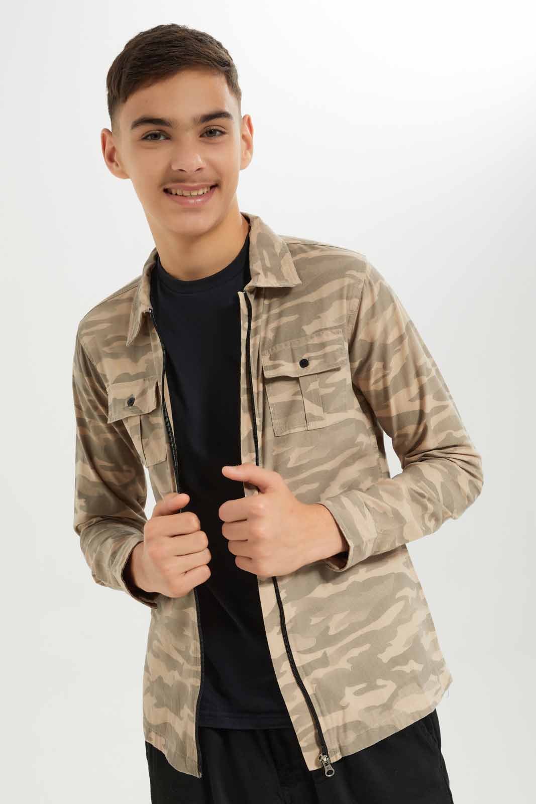 Redtag-Boys-Beige-Camo-Zipper-Shirt-With-Tee-BSR-Shirts,-Category:Shirts,-Colour:Beige,-Deals:New-In,-Dept:Boys,-Filter:Senior-Boys-(8-to-14-Yrs),-New-In-BSR-APL,-Non-Sale,-S23A,-Section:Boys-(0-to-14Yrs)-Senior-Boys-9 to 14 Years