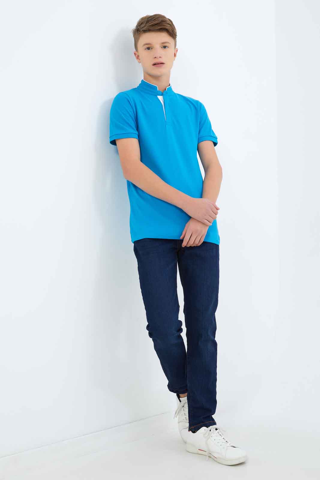 Redtag-Boys-Sky-Blue-Mandarin-Collar-Polo-BSR-Polo-T-Shirts,-Category:Polo-T-Shirts,-Colour:Sky-Blue,-Deals:New-In,-Dept:Boys,-Filter:Senior-Boys-(8-to-14-Yrs),-New-In-BSR-APL,-Non-Sale,-S23B,-Section:Boys-(0-to-14Yrs),-TBL-Senior-Boys-9 to 14 Years