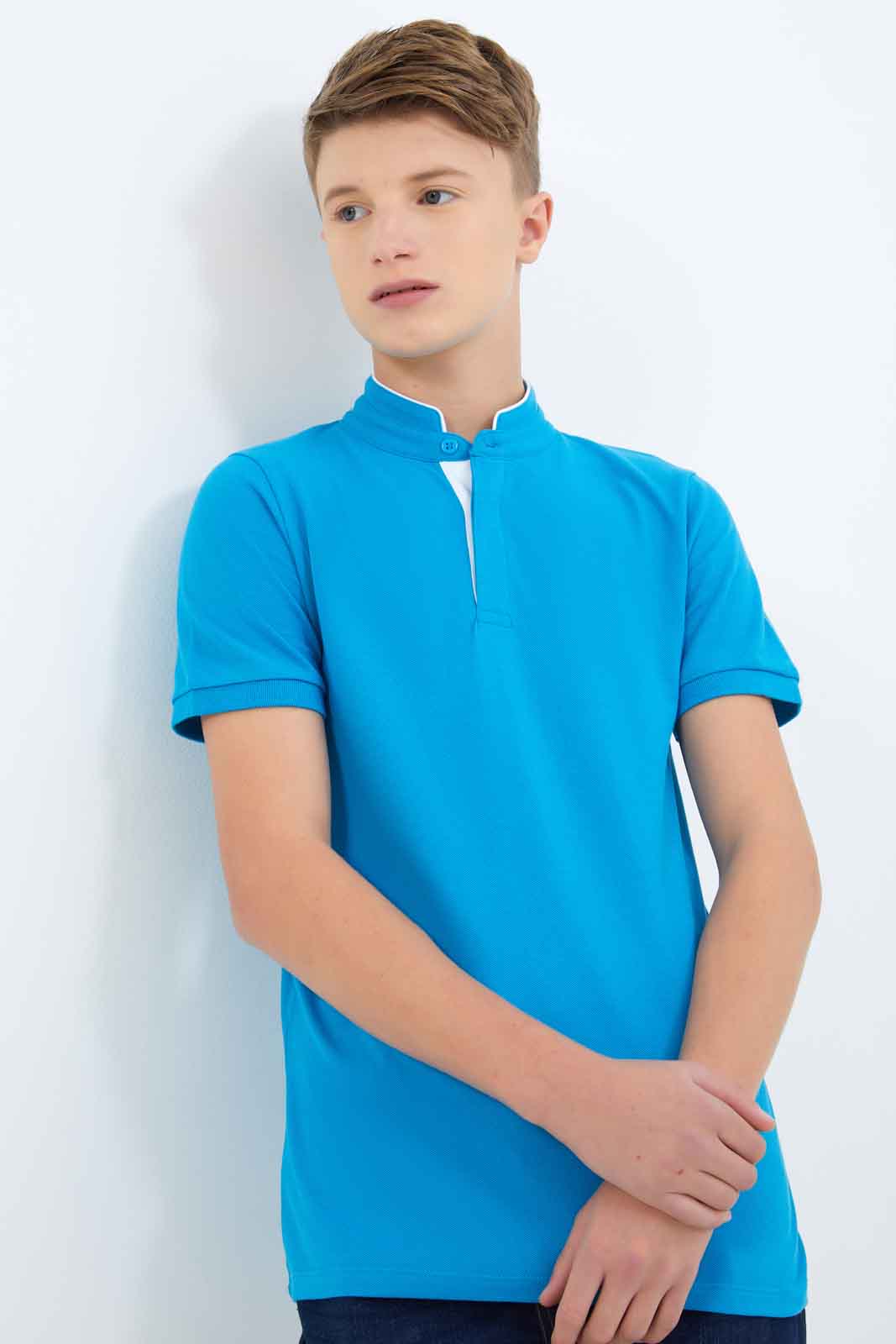 Redtag-Boys-Sky-Blue-Mandarin-Collar-Polo-BSR-Polo-T-Shirts,-Category:Polo-T-Shirts,-Colour:Sky-Blue,-Deals:New-In,-Dept:Boys,-Filter:Senior-Boys-(8-to-14-Yrs),-New-In-BSR-APL,-Non-Sale,-S23B,-Section:Boys-(0-to-14Yrs),-TBL-Senior-Boys-9 to 14 Years