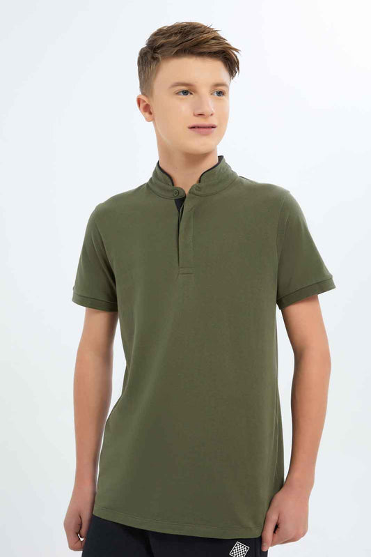 Redtag-Boys-Olive-Mandarin-Collar-Polo-BSR-Polo-T-Shirts,-Category:Polo-T-Shirts,-Colour:Green,-Deals:New-In,-Dept:Boys,-Filter:Senior-Boys-(8-to-14-Yrs),-New-In-BSR-APL,-Non-Sale,-S23B,-Section:Boys-(0-to-14Yrs),-TBL-Senior-Boys-9 to 14 Years