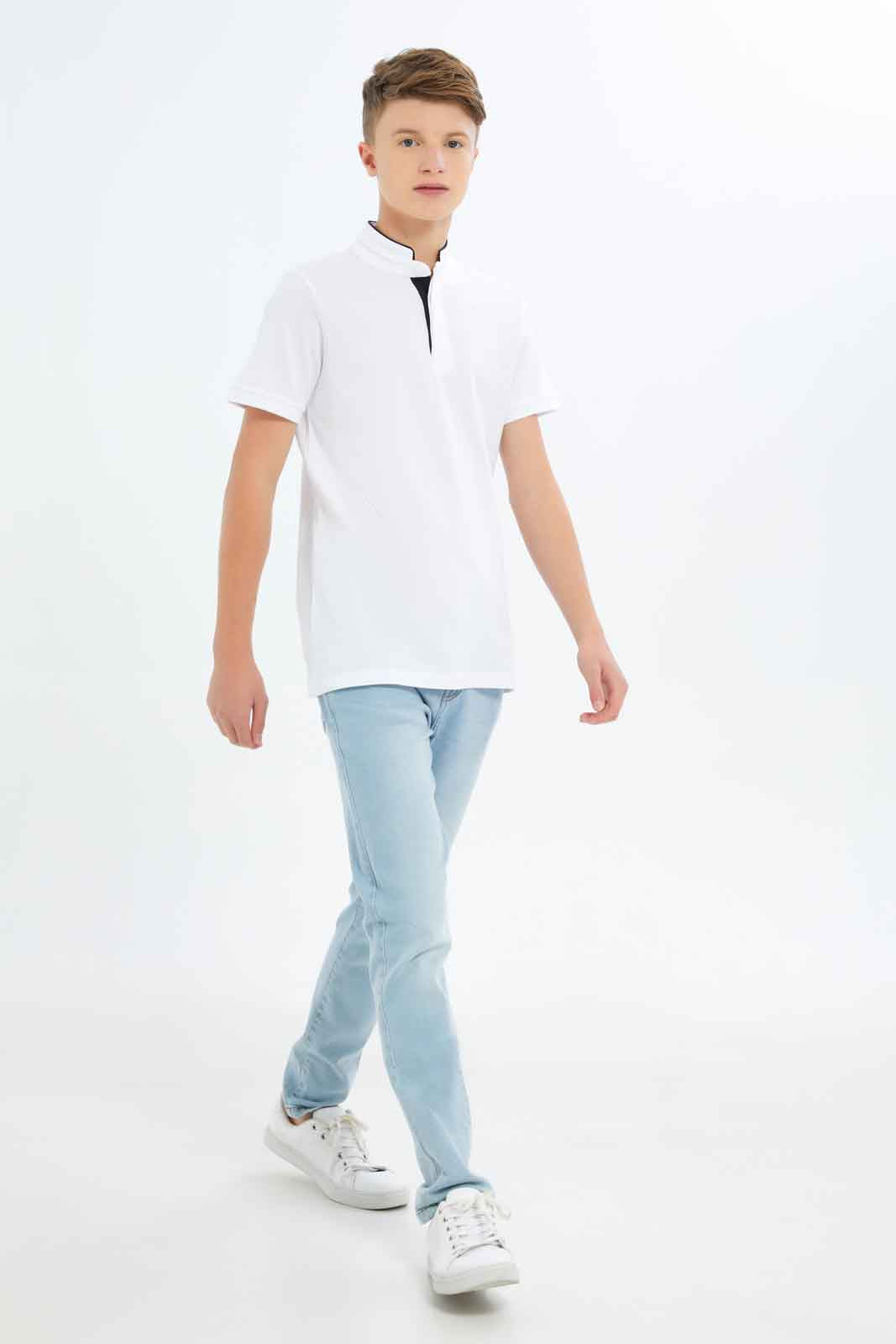 Redtag-Boys-White-Mandarin-Collar-Polo-BSR-Polo-T-Shirts,-BTS,-Category:Polo-T-Shirts,-Colour:White,-Deals:New-In,-Dept:Boys,-Filter:Senior-Boys-(8-to-14-Yrs),-New-In-BSR-APL,-Non-Sale,-S23B,-Section:Boys-(0-to-14Yrs),-TBL-Senior-Boys-9 to 14 Years
