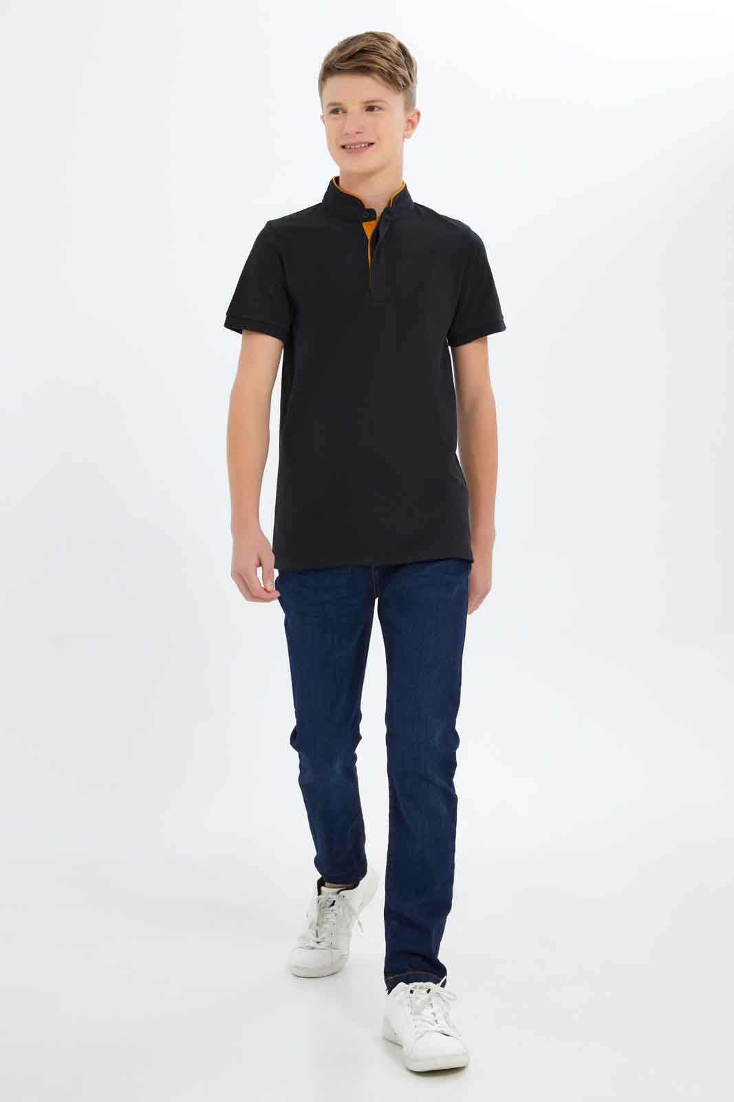 Redtag-Boys-Black-Mandarin-Collar-Polo-BSR-Polo-T-Shirts,-BTS,-Category:Polo-T-Shirts,-Colour:Black,-Deals:New-In,-Dept:Boys,-Filter:Senior-Boys-(8-to-14-Yrs),-New-In-BSR-APL,-Non-Sale,-S23B,-Section:Boys-(0-to-14Yrs),-TBL-Senior-Boys-9 to 14 Years