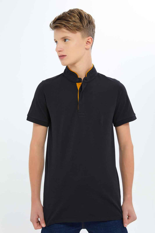 Redtag-Boys-Black-Mandarin-Collar-Polo-BSR-Polo-T-Shirts,-BTS,-Category:Polo-T-Shirts,-Colour:Black,-Deals:New-In,-Dept:Boys,-Filter:Senior-Boys-(8-to-14-Yrs),-New-In-BSR-APL,-Non-Sale,-S23B,-Section:Boys-(0-to-14Yrs),-TBL-Senior-Boys-9 to 14 Years