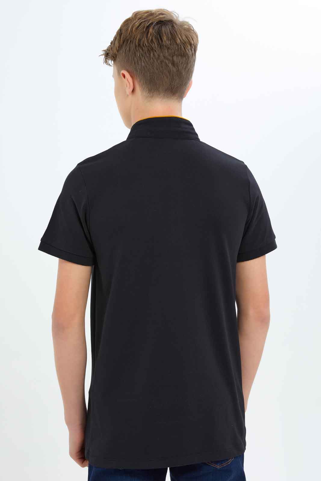 Redtag-Boys-Black-Mandarin-Collar-Polo-BSR-Polo-T-Shirts,-BTS,-Category:Polo-T-Shirts,-Colour:Black,-Deals:New-In,-Dept:Boys,-Filter:Senior-Boys-(8-to-14-Yrs),-New-In-BSR-APL,-Non-Sale,-S23B,-Section:Boys-(0-to-14Yrs),-TBL-Senior-Boys-9 to 14 Years