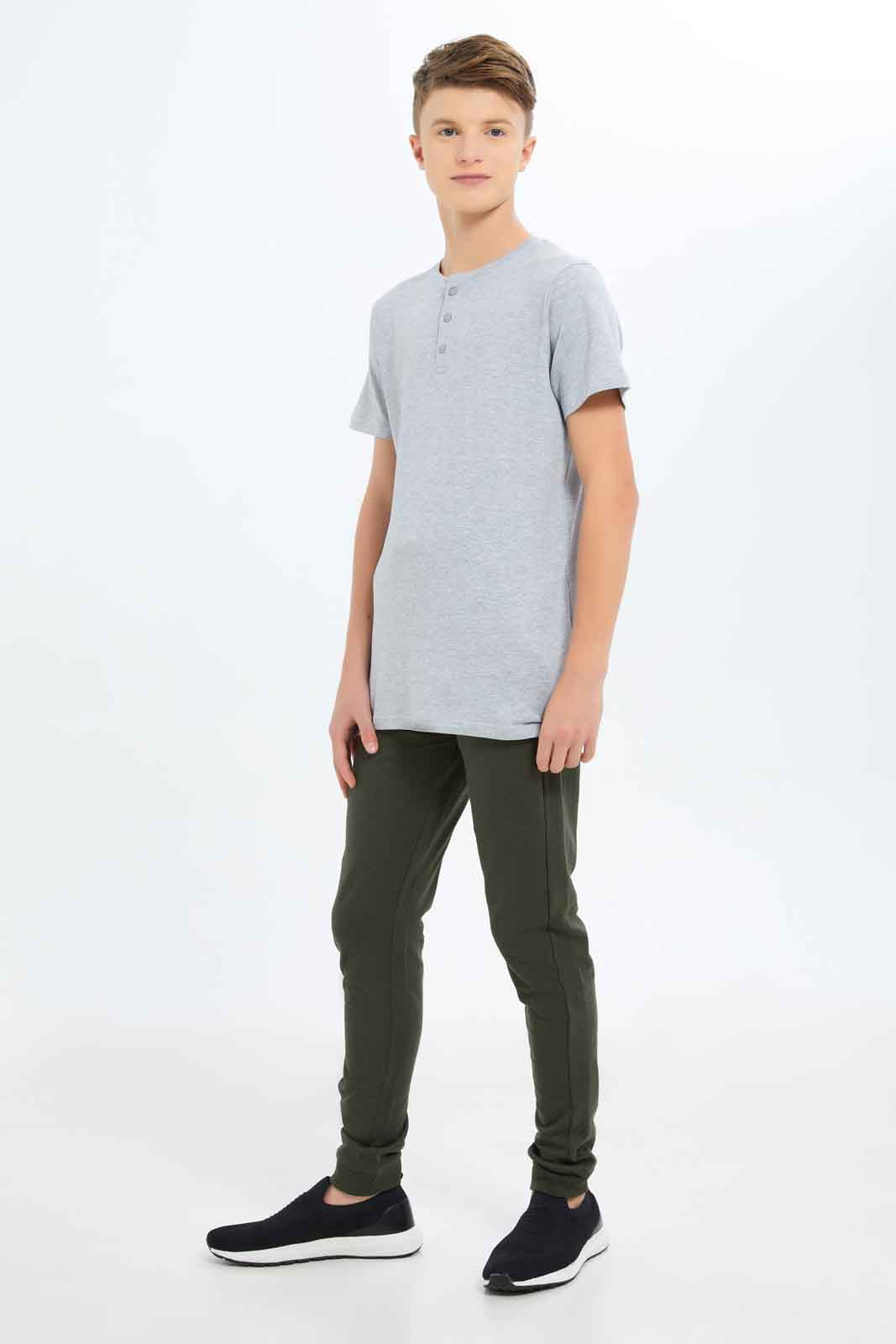 Redtag-Boys--Grey-Mel-Jacquard-Henley-Tee-BSR-T-Shirts,-Category:T-Shirts,-Colour:Grey-Melange,-Deals:New-In,-Dept:Boys,-Filter:Senior-Boys-(8-to-14-Yrs),-New-In-BSR-APL,-Non-Sale,-S23B,-Section:Boys-(0-to-14Yrs),-TBL-Senior-Boys-9 to 14 Years