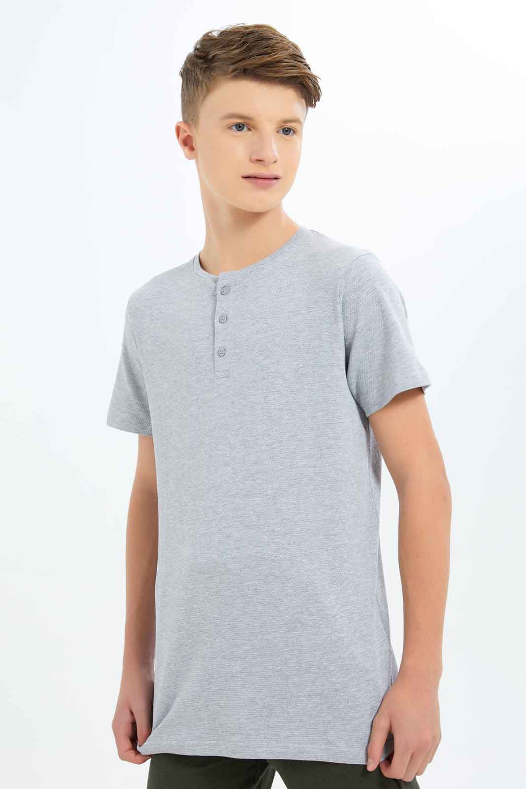 Redtag-Boys--Grey-Mel-Jacquard-Henley-Tee-BSR-T-Shirts,-Category:T-Shirts,-Colour:Grey-Melange,-Deals:New-In,-Dept:Boys,-Filter:Senior-Boys-(8-to-14-Yrs),-New-In-BSR-APL,-Non-Sale,-S23B,-Section:Boys-(0-to-14Yrs),-TBL-Senior-Boys-9 to 14 Years
