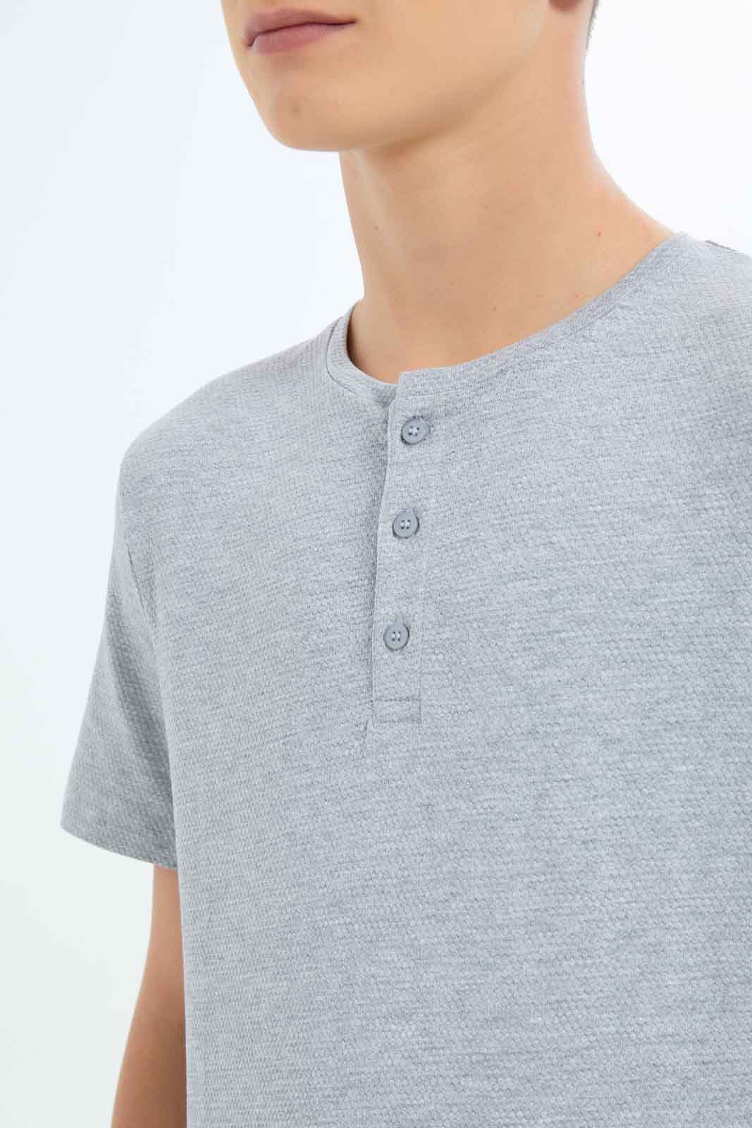 Redtag-Boys--Grey-Mel-Jacquard-Henley-Tee-BSR-T-Shirts,-Category:T-Shirts,-Colour:Grey-Melange,-Deals:New-In,-Dept:Boys,-Filter:Senior-Boys-(8-to-14-Yrs),-New-In-BSR-APL,-Non-Sale,-S23B,-Section:Boys-(0-to-14Yrs),-TBL-Senior-Boys-9 to 14 Years