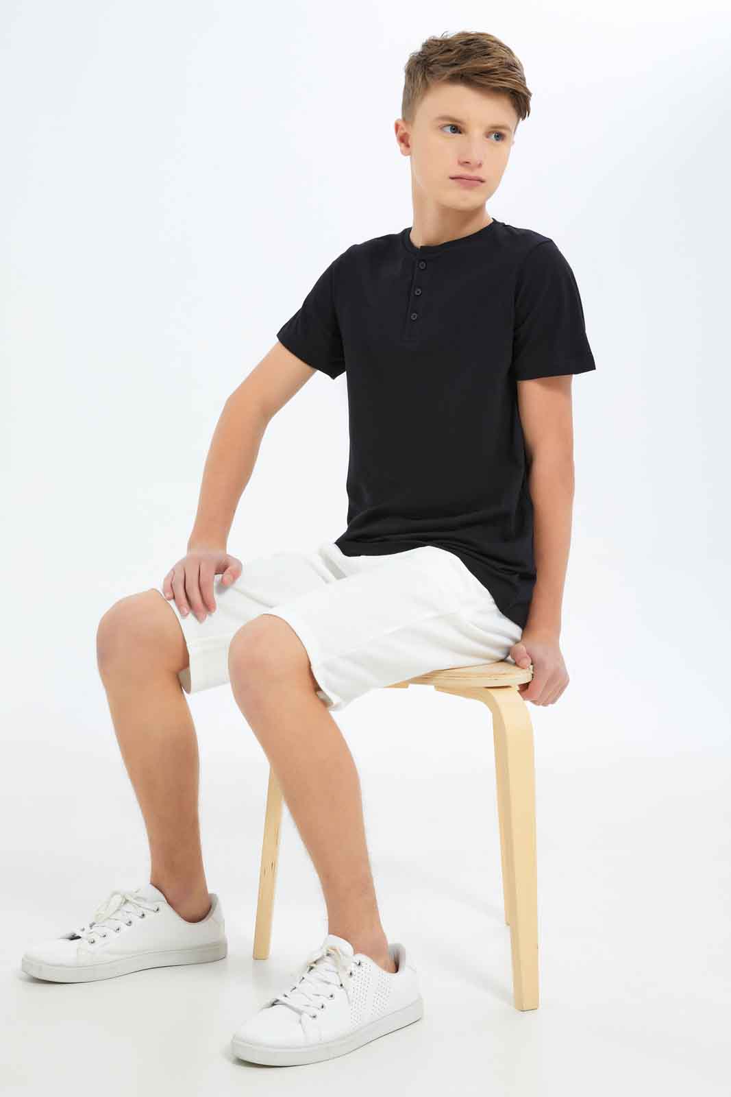 Redtag-Boys-Black-Jacquard-Henley-Tee-BSR-T-Shirts,-BTS,-Category:T-Shirts,-Colour:Black,-Deals:New-In,-Dept:Boys,-Filter:Senior-Boys-(8-to-14-Yrs),-New-In-BSR-APL,-Non-Sale,-S23B,-Section:Boys-(0-to-14Yrs),-TBL-Senior-Boys-9 to 14 Years