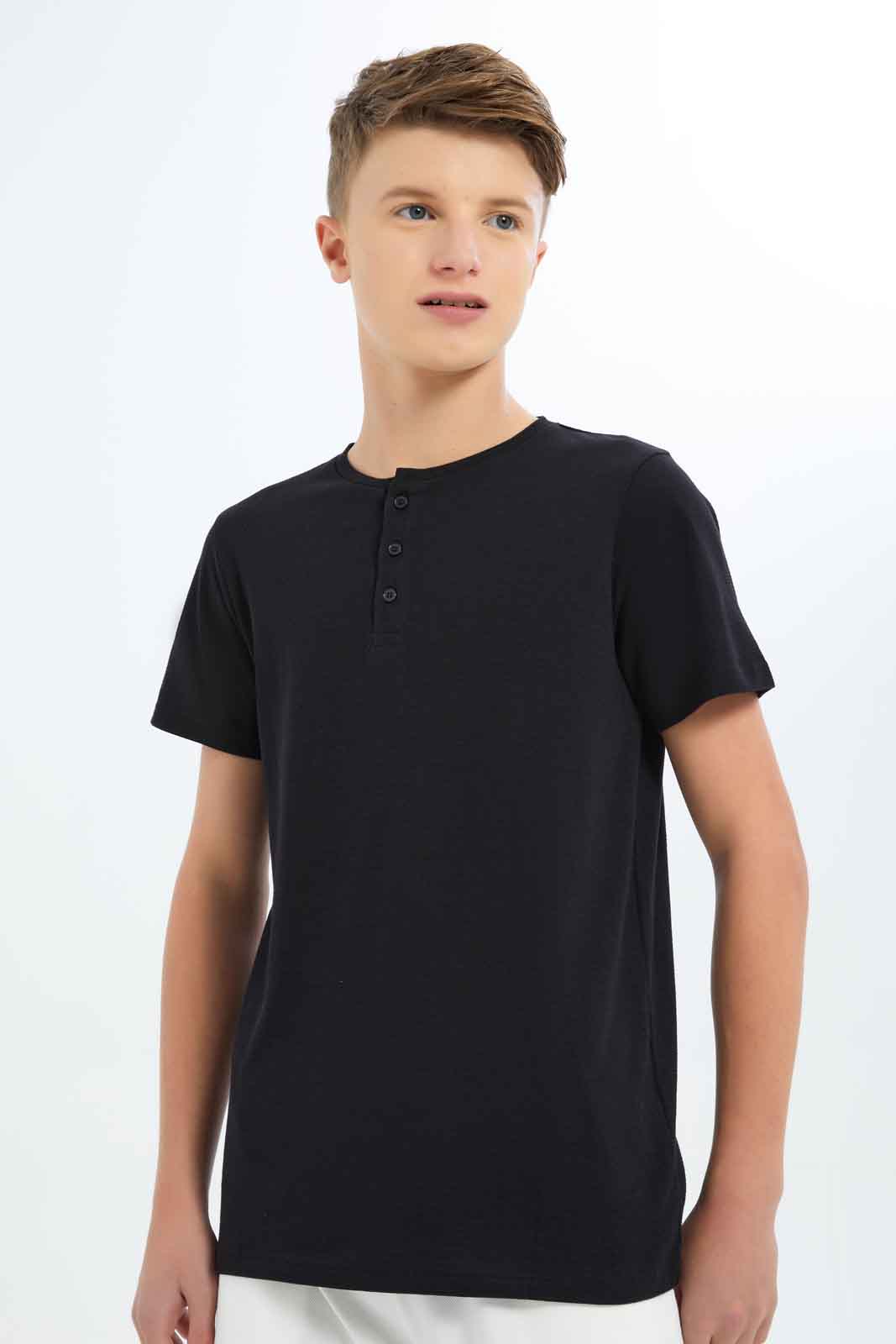 Redtag-Boys-Black-Jacquard-Henley-Tee-BSR-T-Shirts,-BTS,-Category:T-Shirts,-Colour:Black,-Deals:New-In,-Dept:Boys,-Filter:Senior-Boys-(8-to-14-Yrs),-New-In-BSR-APL,-Non-Sale,-S23B,-Section:Boys-(0-to-14Yrs),-TBL-Senior-Boys-9 to 14 Years