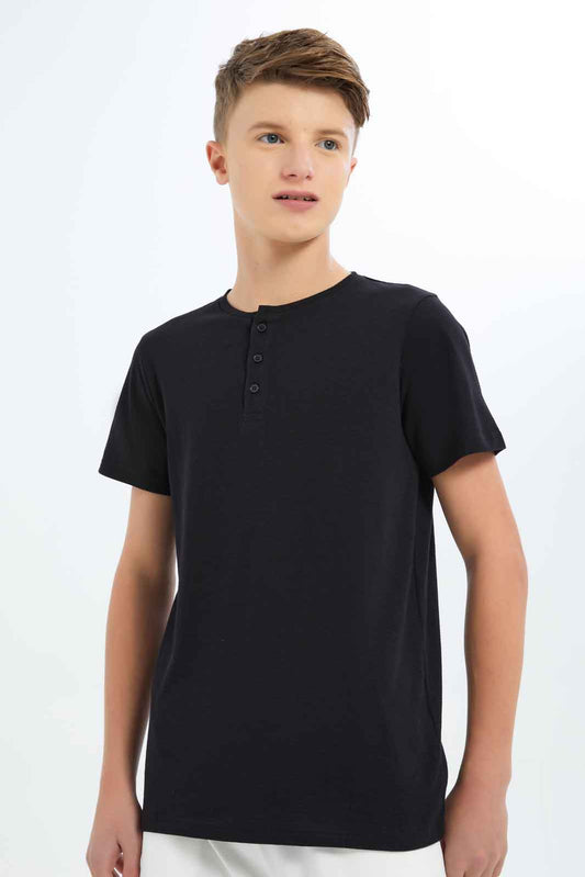 Redtag-Boys-Black-Jacquard-Henley-Tee-BSR-T-Shirts,-BTS,-Category:T-Shirts,-Colour:Black,-Deals:New-In,-Dept:Boys,-Filter:Senior-Boys-(8-to-14-Yrs),-New-In-BSR-APL,-Non-Sale,-S23B,-Section:Boys-(0-to-14Yrs),-TBL-Senior-Boys-9 to 14 Years
