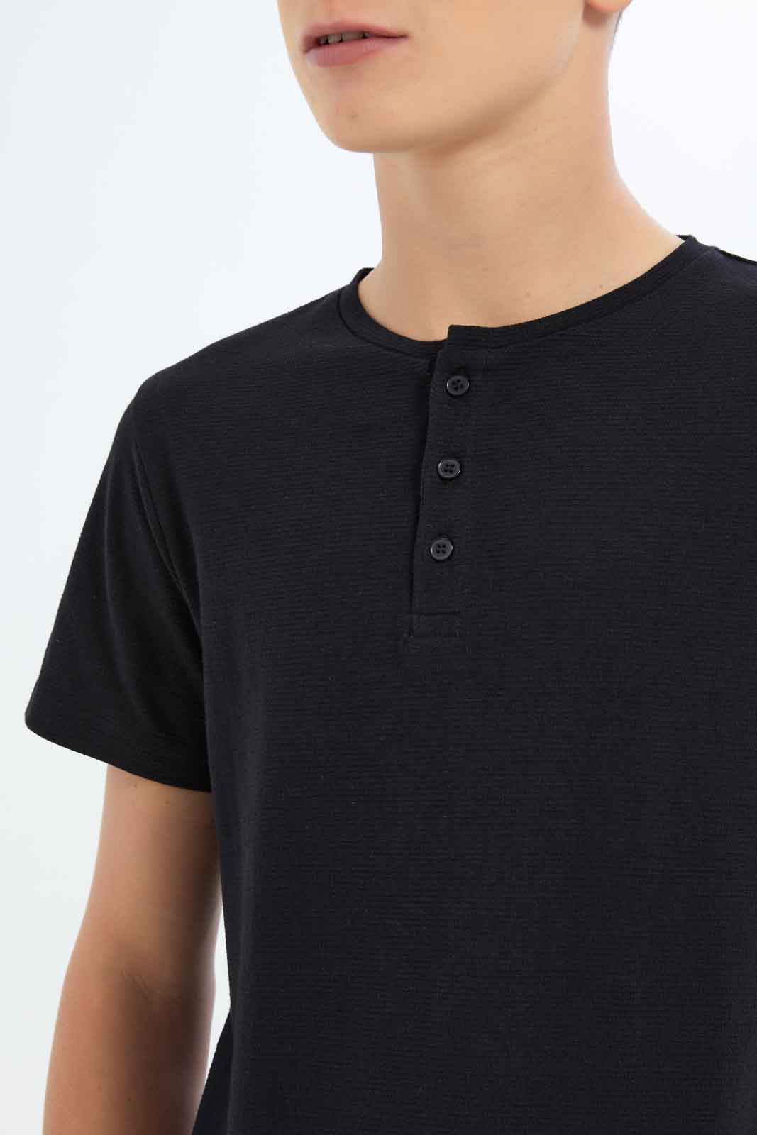 Redtag-Boys-Black-Jacquard-Henley-Tee-BSR-T-Shirts,-BTS,-Category:T-Shirts,-Colour:Black,-Deals:New-In,-Dept:Boys,-Filter:Senior-Boys-(8-to-14-Yrs),-New-In-BSR-APL,-Non-Sale,-S23B,-Section:Boys-(0-to-14Yrs),-TBL-Senior-Boys-9 to 14 Years