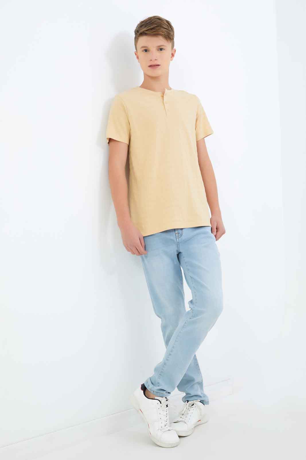 Redtag-Boys-Beige-Jacquard-Henley-Tee-BSR-T-Shirts,-Category:T-Shirts,-Colour:Beige,-Deals:New-In,-Dept:Boys,-Filter:Senior-Boys-(8-to-14-Yrs),-New-In-BSR-APL,-Non-Sale,-S23B,-Section:Boys-(0-to-14Yrs),-TBL-Senior-Boys-9 to 14 Years