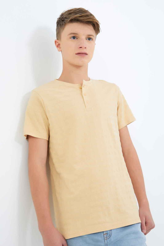 Redtag-Boys-Beige-Jacquard-Henley-Tee-BSR-T-Shirts,-Category:T-Shirts,-Colour:Beige,-Deals:New-In,-Dept:Boys,-Filter:Senior-Boys-(8-to-14-Yrs),-New-In-BSR-APL,-Non-Sale,-S23B,-Section:Boys-(0-to-14Yrs),-TBL-Senior-Boys-9 to 14 Years