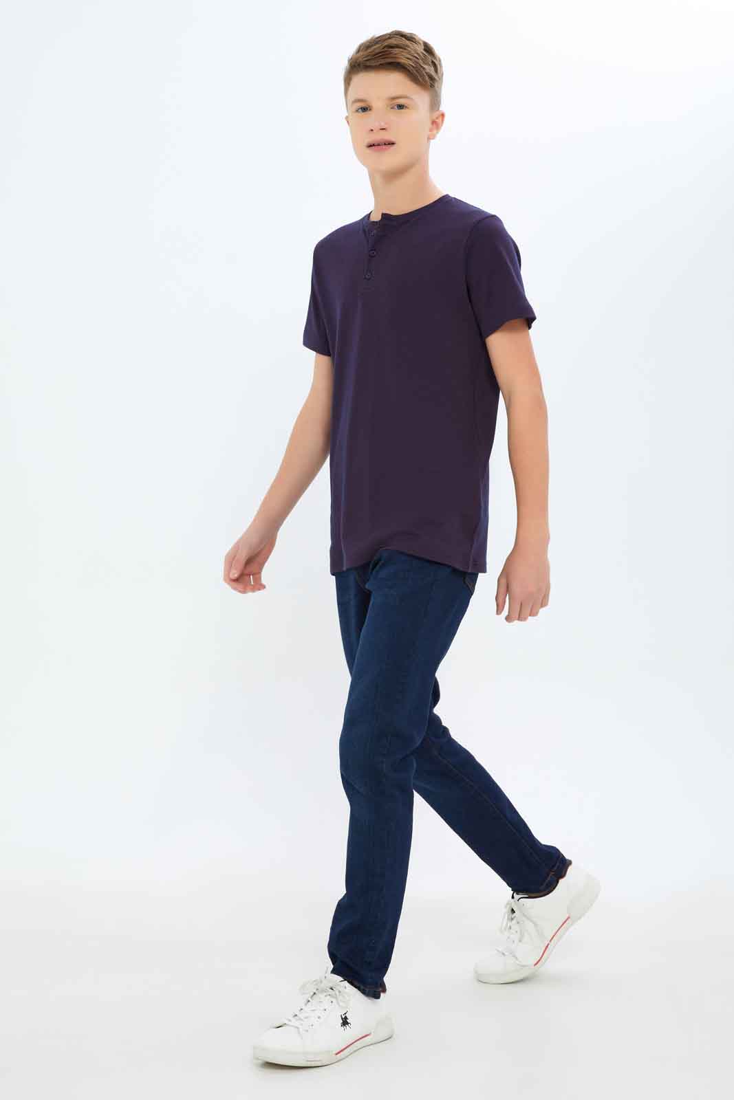 Redtag-Boys-Navy-Jacquard-Henley-Tee-BSR-T-Shirts,-Category:T-Shirts,-Colour:Navy,-Deals:New-In,-Dept:Boys,-Filter:Senior-Boys-(8-to-14-Yrs),-New-In-BSR-APL,-Non-Sale,-S23B,-Section:Boys-(0-to-14Yrs),-TBL-Senior-Boys-9 to 14 Years