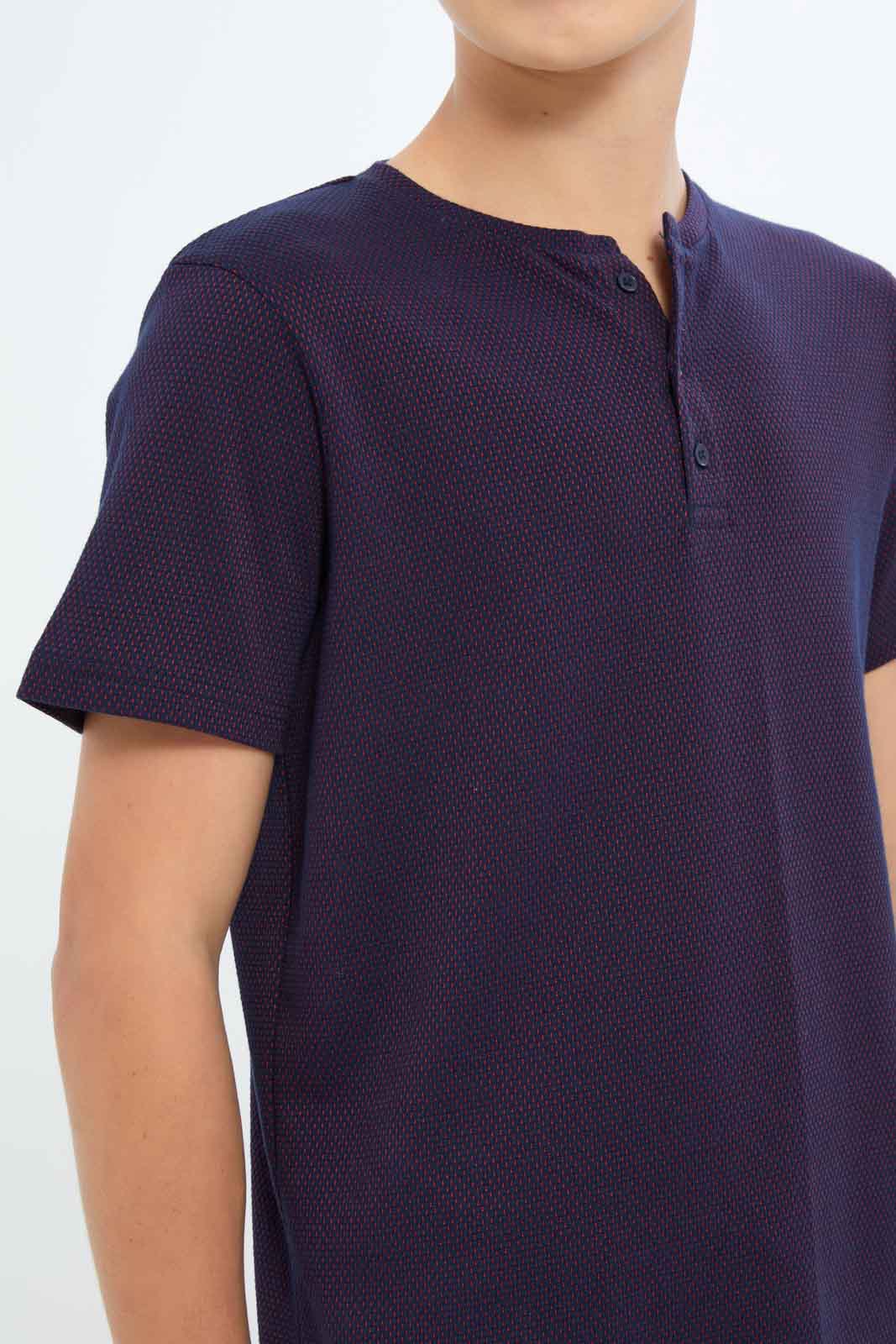 Redtag-Boys-Navy-Jacquard-Henley-Tee-BSR-T-Shirts,-Category:T-Shirts,-Colour:Navy,-Deals:New-In,-Dept:Boys,-Filter:Senior-Boys-(8-to-14-Yrs),-New-In-BSR-APL,-Non-Sale,-S23B,-Section:Boys-(0-to-14Yrs),-TBL-Senior-Boys-9 to 14 Years