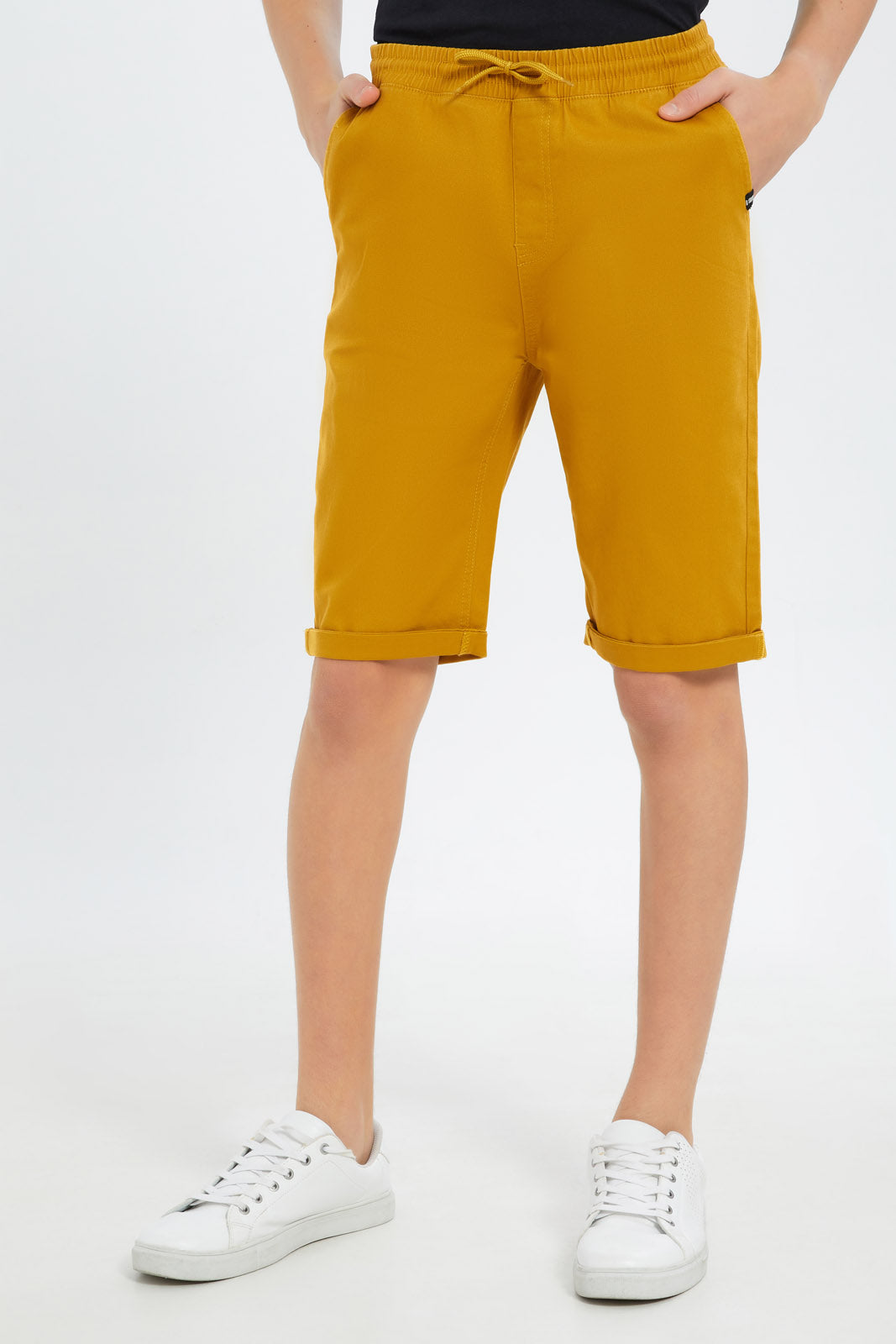 Redtag-Boys-Mustard-Pull-On-Trouser-Short-BSR-Shorts,-Category:Shorts,-Colour:Mustard,-Deals:New-In,-Dept:Boys,-Filter:Senior-Boys-(8-to-14-Yrs),-New-In-BSR-APL,-Non-Sale,-S23B,-Section:Boys-(0-to-14Yrs),-TBL-Senior-Boys-9 to 14 Years
