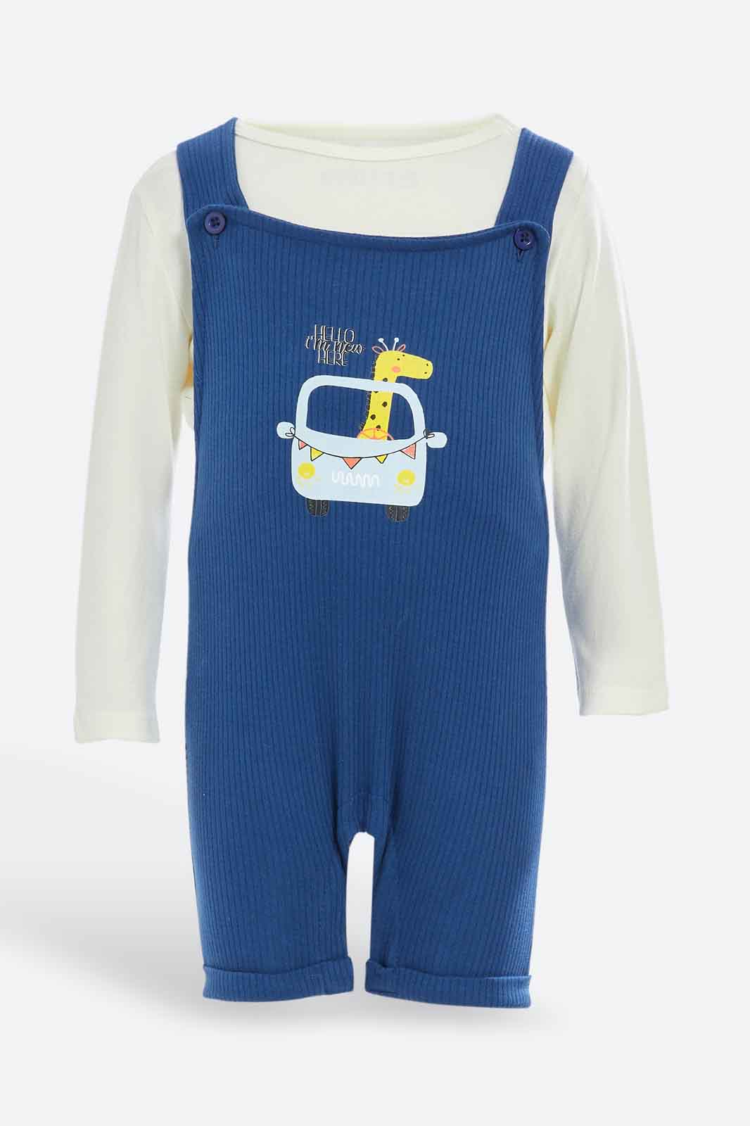 Redtag-Boys-Navy-Ls-Tshirt-+-Quilted-Dungaree-Set-Category:Rompers,-Colour:Assorted,-Deals:2-FOR-79,-Deals:Sale,-Dept:New-Born,-Filter:Baby-(0-to-12-Mths),-NBB-Rompers,-Sale-NBB-APL,-Section:Boys-(0-to-14Yrs),-W22B-Baby-0 to 12 Months