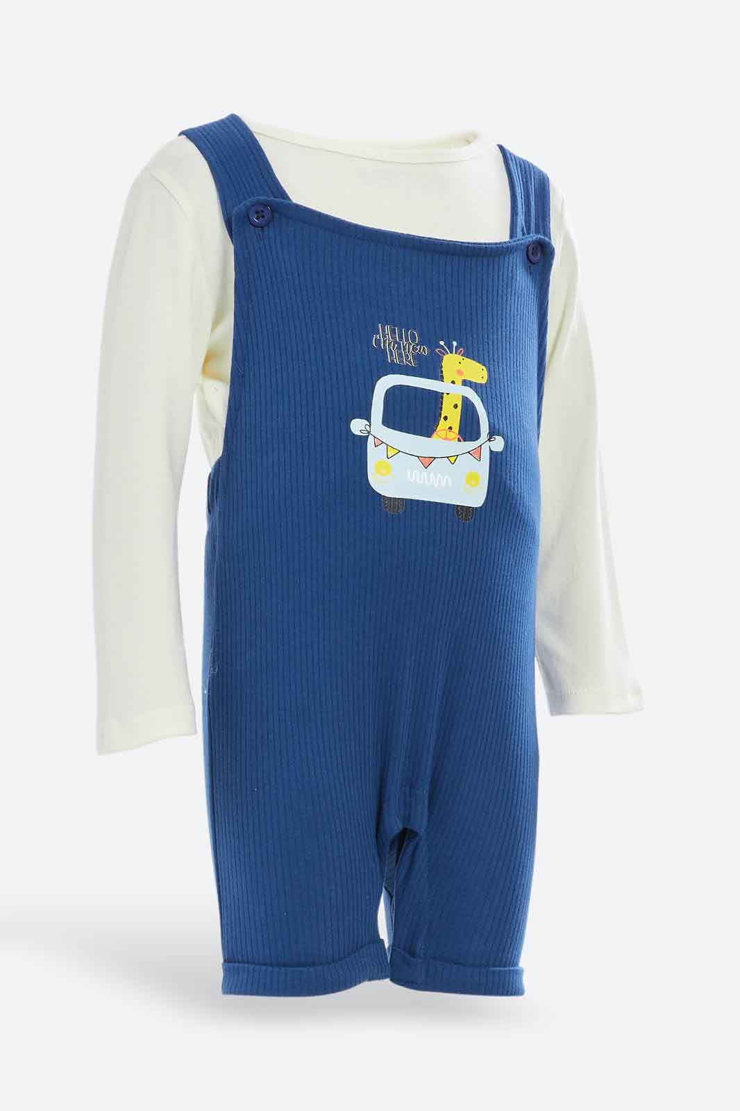 Redtag-Boys-Navy-Ls-Tshirt-+-Quilted-Dungaree-Set-Category:Rompers,-Colour:Assorted,-Deals:2-FOR-79,-Deals:Sale,-Dept:New-Born,-Filter:Baby-(0-to-12-Mths),-NBB-Rompers,-Sale-NBB-APL,-Section:Boys-(0-to-14Yrs),-W22B-Baby-0 to 12 Months