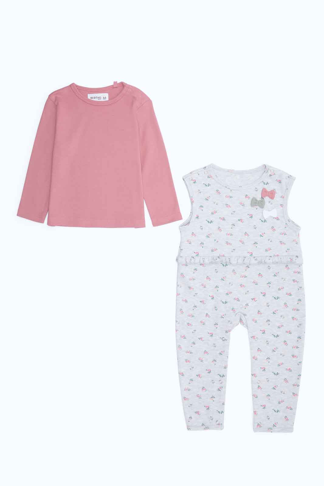 Redtag-Girls-Pink-Ls-Tshirt-And-Knit-Dungaree-Romper-2FOR89,-Category:Rompers,-Colour:Assorted,-Deals:2-FOR-89,-Deals:New-In,-Dept:New-Born,-Filter:Baby-(0-to-12-Mths),-NBG-Rompers,-New-In-NBG-APL,-Section:Boys-(0-to-14Yrs),-W22B-Baby-0 to 12 Months
