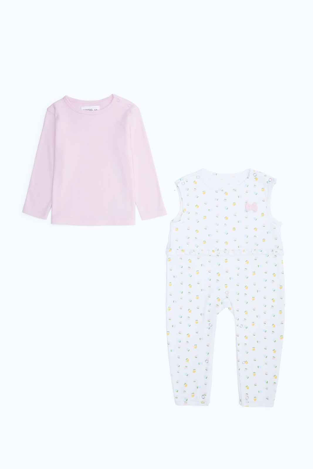 Redtag-Girls-Pale-Pink-Ls-Tshirt-And-Knit-Dungaree-Romper-2FOR89,-Category:Rompers,-Colour:Assorted,-Deals:2-FOR-89,-Deals:New-In,-Dept:New-Born,-Filter:Baby-(0-to-12-Mths),-NBG-Rompers,-New-In-NBG-APL,-Section:Boys-(0-to-14Yrs),-W22B-Baby-0 to 12 Months