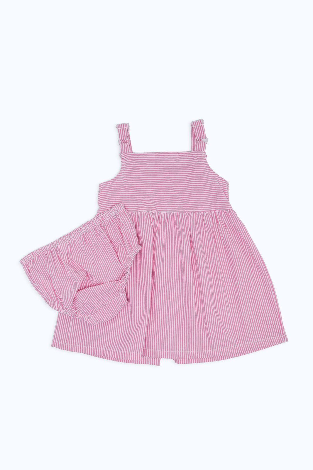 Redtag-Boys-Pink-Aop-Stripe-Seersucker-Dress-With-Bloomer-Category:Dresses,-Colour:Apricot,-Deals:New-In,-Dept:New-Born,-Filter:Baby-(0-to-12-Mths),-H1:KWR,-H2:NBF,-H3:DRS,-H4:CAD,-NBG-Dresses,-New-In-NBG-APL,-Non-Sale,-RMD,-S23C,-Season:S23C,-Section:Boys-(0-to-14Yrs)-Baby-0 to 12 Months