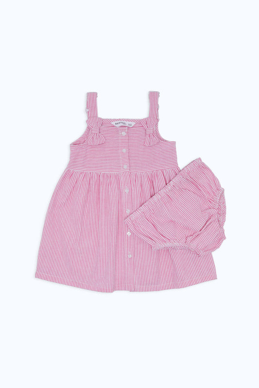Redtag-Boys-Pink-Aop-Stripe-Seersucker-Dress-With-Bloomer-Category:Dresses,-Colour:Apricot,-Deals:New-In,-Dept:New-Born,-Filter:Baby-(0-to-12-Mths),-H1:KWR,-H2:NBF,-H3:DRS,-H4:CAD,-NBG-Dresses,-New-In-NBG-APL,-Non-Sale,-RMD,-S23C,-Season:S23C,-Section:Boys-(0-to-14Yrs)-Baby-0 to 12 Months