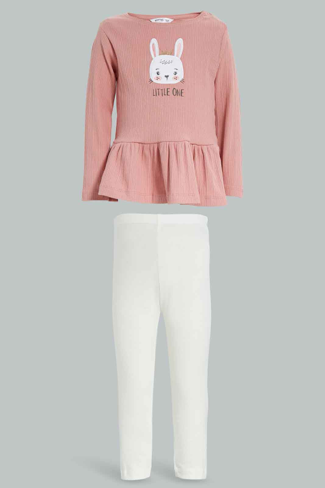 Redtag-Girls-Pink-Bunny-Top-Whit-Ivory-Legging-Category:Sets,-CHR,-Colour:Apricot,-Deals:New-In,-Dept:Girls,-Filter:Infant-Girls-(3-to-24-Mths),-ING-Sets,-New-In-ING-APL,-Non-Sale,-Section:Girls-(0-to-14Yrs),-W22B-Infant-Girls-3 to 24 Months