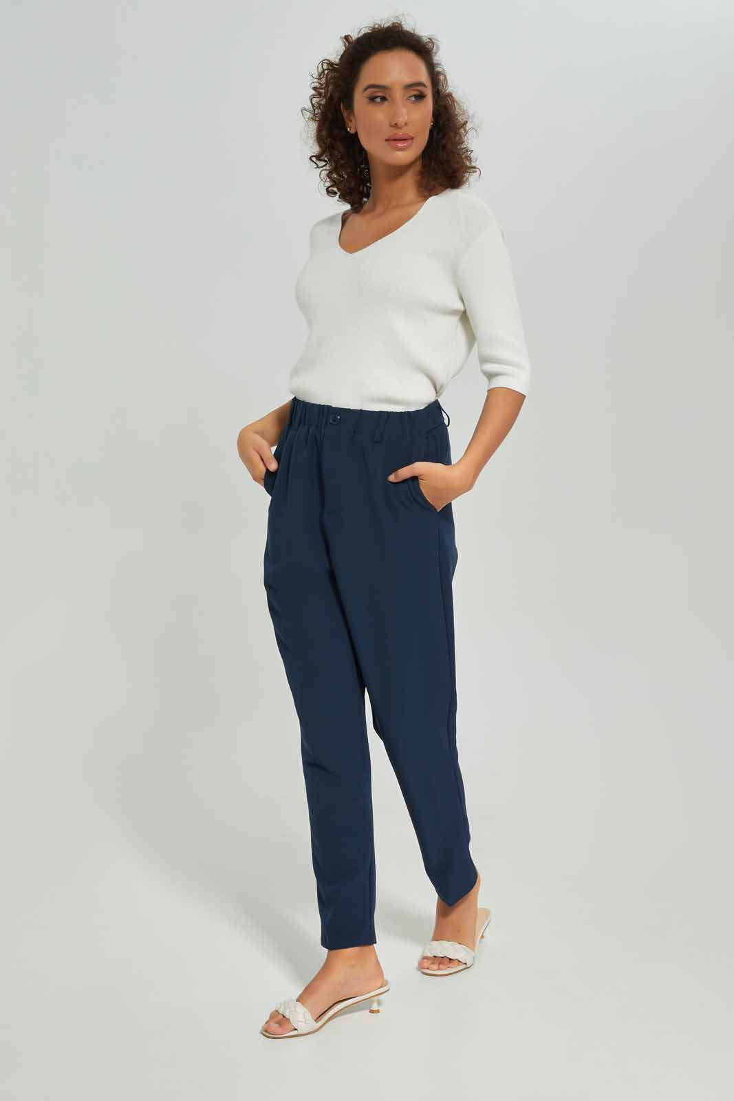 Redtag-Women-Navy-Elasticated-Waistband-Trouser-Category:Trousers,-Colour:Navy,-Deals:New-In,-Dept:Ladieswear,-Filter:Women's-Clothing,-New-In-Women-APL,-Non-Sale,-S23A,-Section:Women,-Women-Trousers-Women's-