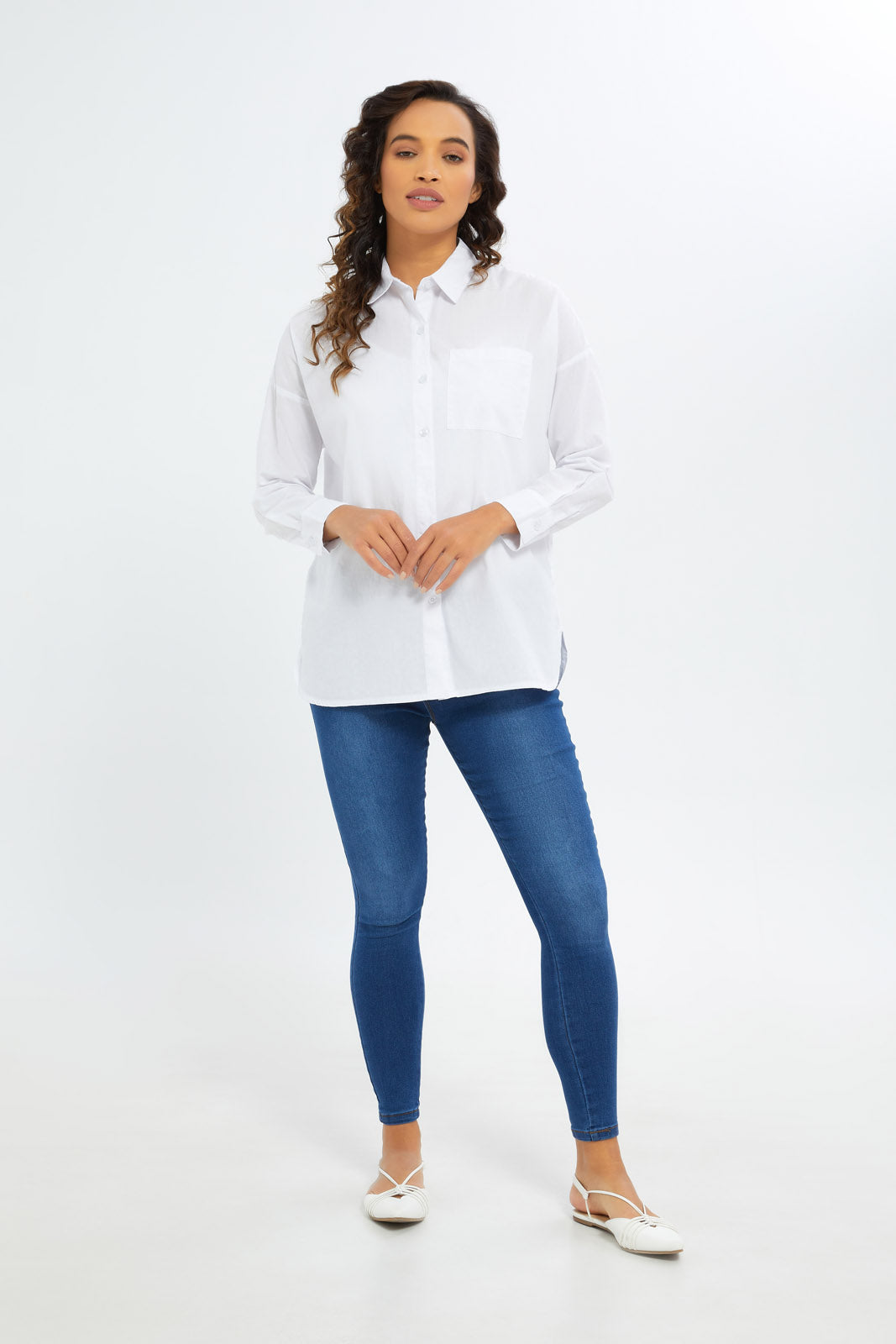 Redtag-Women-White-Poplin-Shirt-Solid-Category:Blouses,-Colour:White,-Deals:New-In,-Dept:Ladieswear,-Filter:Women's-Clothing,-H1:LWR,-H2:LAD,-H3:BLO,-H4:CBL,-New-In-Women-APL,-Non-Sale,-S23A,-Season:S23A,-Section:Women,-Women-Blouses-Women's-