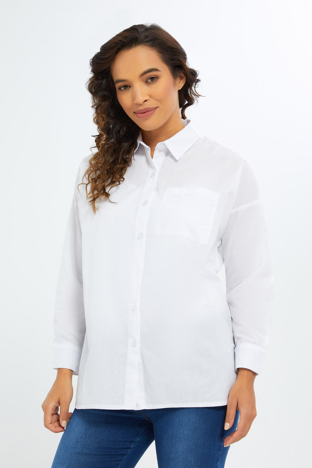 Redtag-Women-White-Poplin-Shirt-Solid-Category:Blouses,-Colour:White,-Deals:New-In,-Dept:Ladieswear,-Filter:Women's-Clothing,-H1:LWR,-H2:LAD,-H3:BLO,-H4:CBL,-New-In-Women-APL,-Non-Sale,-S23A,-Season:S23A,-Section:Women,-Women-Blouses-Women's-