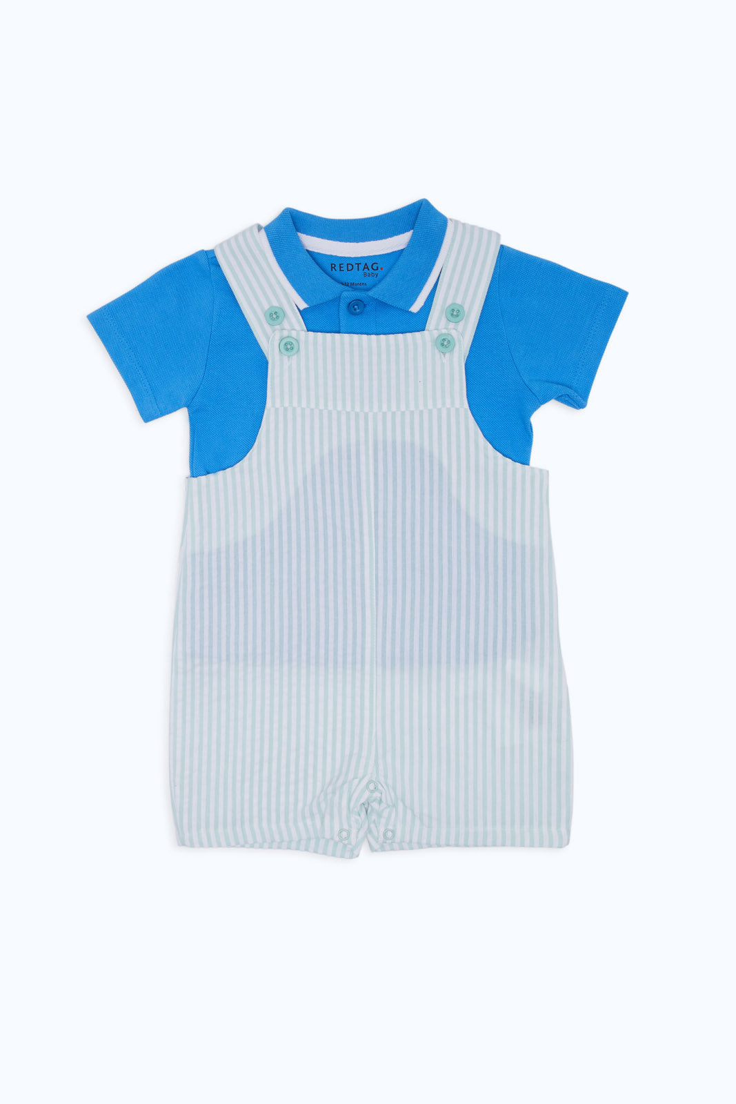 Redtag-Boys-Aop-Seersucker-Dunga-With-Polo-Shirt-Category:Rompers,-Colour:Assorted,-Deals:New-In,-Dept:New-Born,-Filter:Baby-(0-to-12-Mths),-H1:KWR,-H2:NBF,-H3:RMS,-H4:RMS,-NBB-Rompers,-New-In-NBB-APL,-Non-Sale,-S23C,-Season:S23C,-Section:Boys-(0-to-14Yrs)-Baby-0 to 12 Months