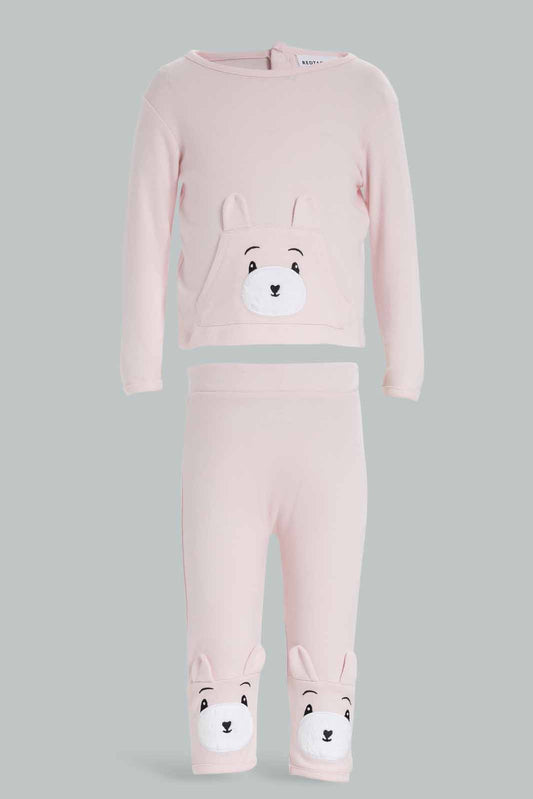 Redtag-Girls-Pink-Teddy-Applique-Pyjama-Set-Category:Sleepsuits,-Colour:Apricot,-Deals:New-In,-Dept:New-Born,-Filter:Baby-(0-to-12-Mths),-NBG-Sleepsuits,-New-In-NBG-APL,-Non-Sale,-Section:Boys-(0-to-14Yrs),-W22B-Baby-
